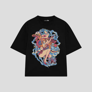 Playera streetwear premium de anime y gaming ExtraLife MX, corte boxy oversized drop shoulder heavyweight en color Deep Black y Off-White, moda urbana mexicana de culto.