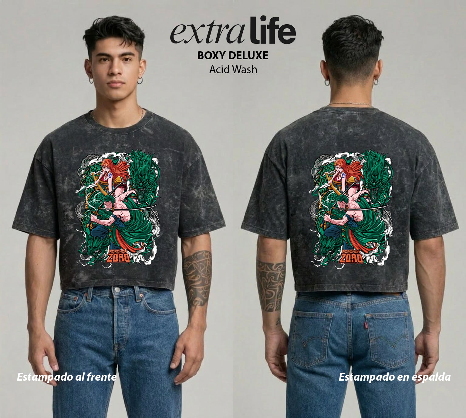 Playera streetwear premium de anime y gaming ExtraLife MX, corte boxy deluxe mineral wash heavyweight en color Acid Wash, moda urbana mexicana de culto.