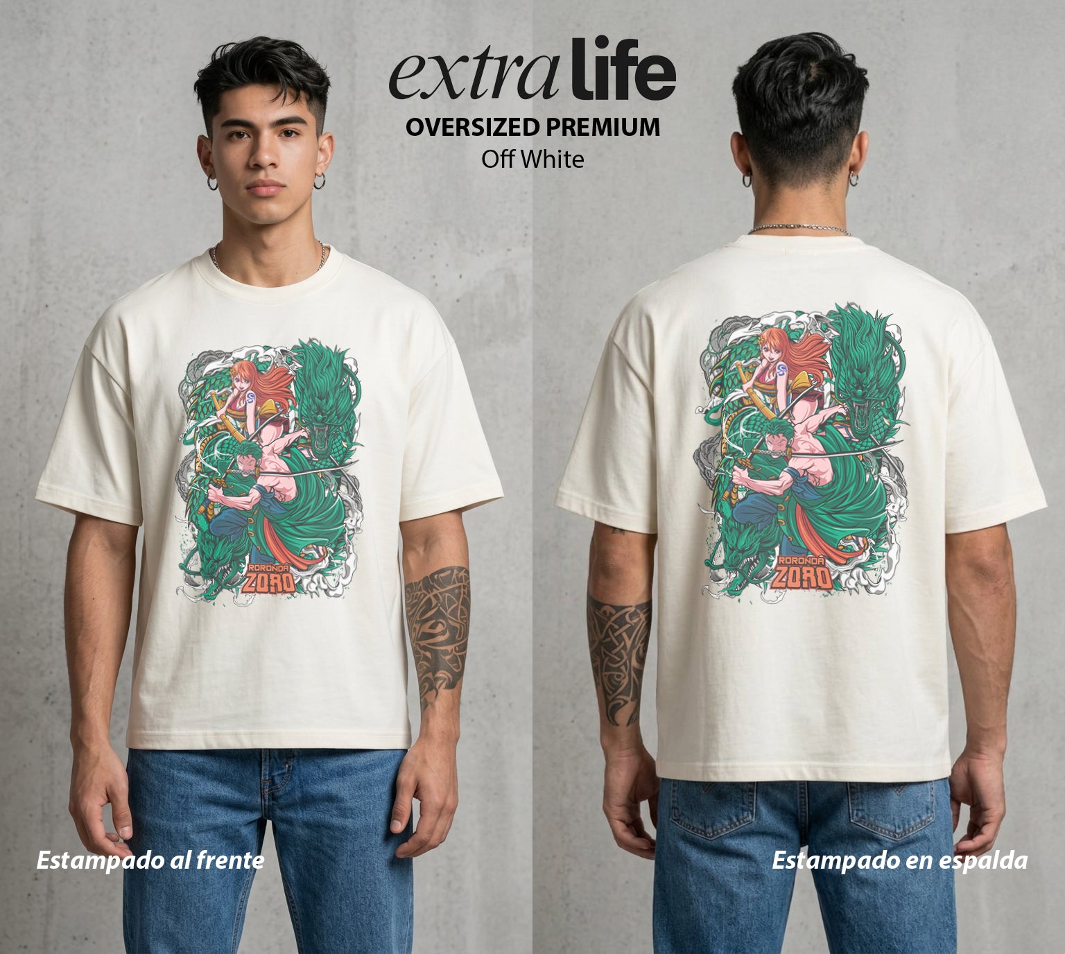 Mar de los Piratas | Tres Espadas #03275 - Playera Oversized Premium | Off White - Foto en modelo