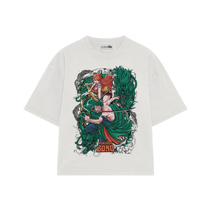 Playera streetwear premium de anime y gaming ExtraLife MX, corte boxy oversized drop shoulder heavyweight en color Deep Black y Off-White, moda urbana mexicana de culto.