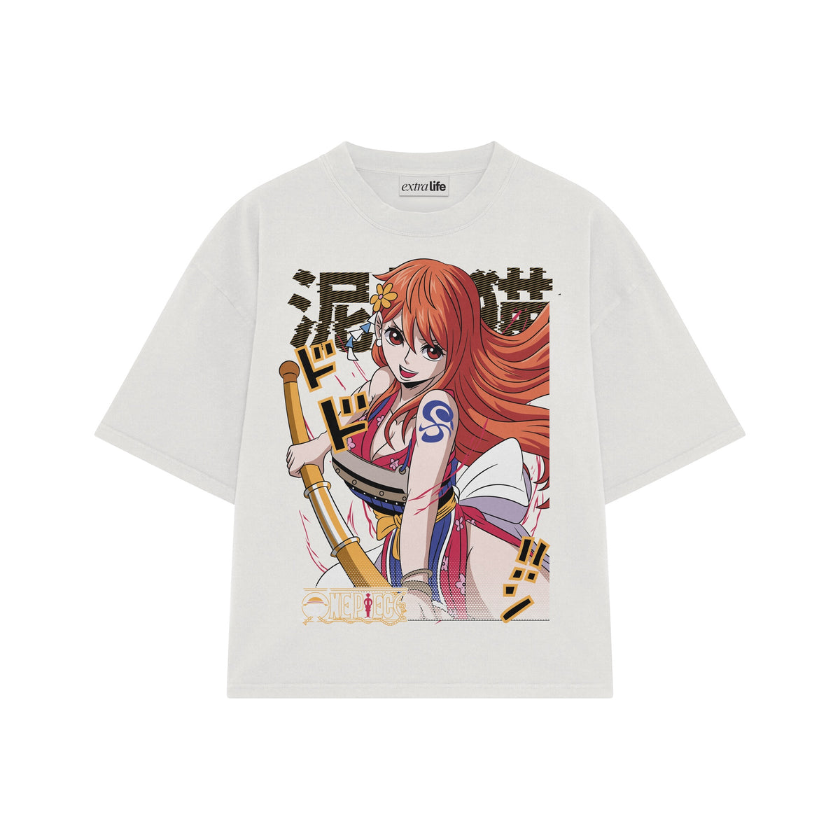 Playera streetwear premium de anime y gaming ExtraLife MX, corte oversized drop shoulder ligero y fresco en color Deep Black y Off-White, moda urbana mexicana de culto.