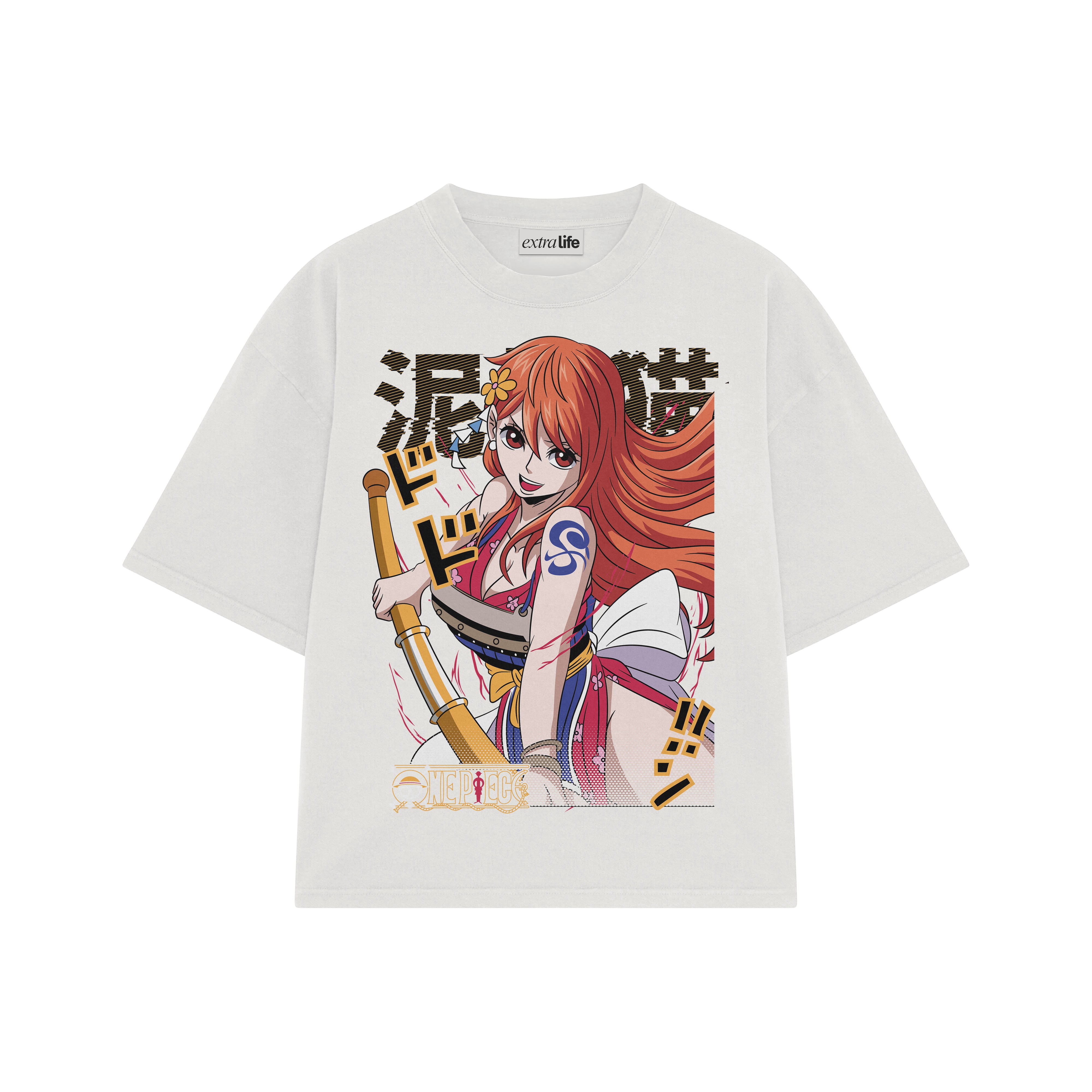 Playera streetwear premium de anime y gaming ExtraLife MX, corte boxy oversized drop shoulder heavyweight en color Deep Black y Off-White, moda urbana mexicana de culto.