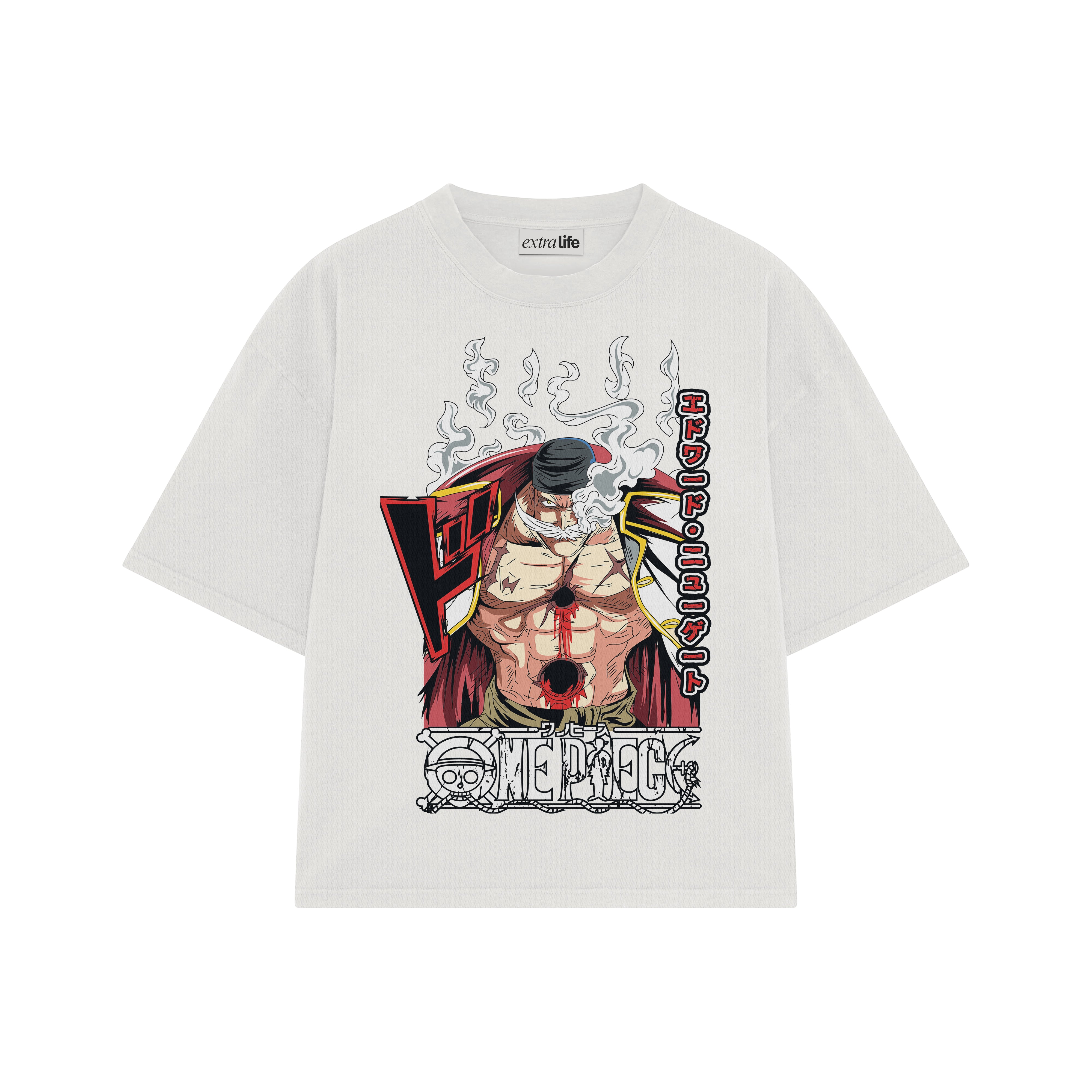 Playera streetwear premium de anime y gaming ExtraLife MX, corte boxy oversized drop shoulder heavyweight en color Deep Black y Off-White, moda urbana mexicana de culto.