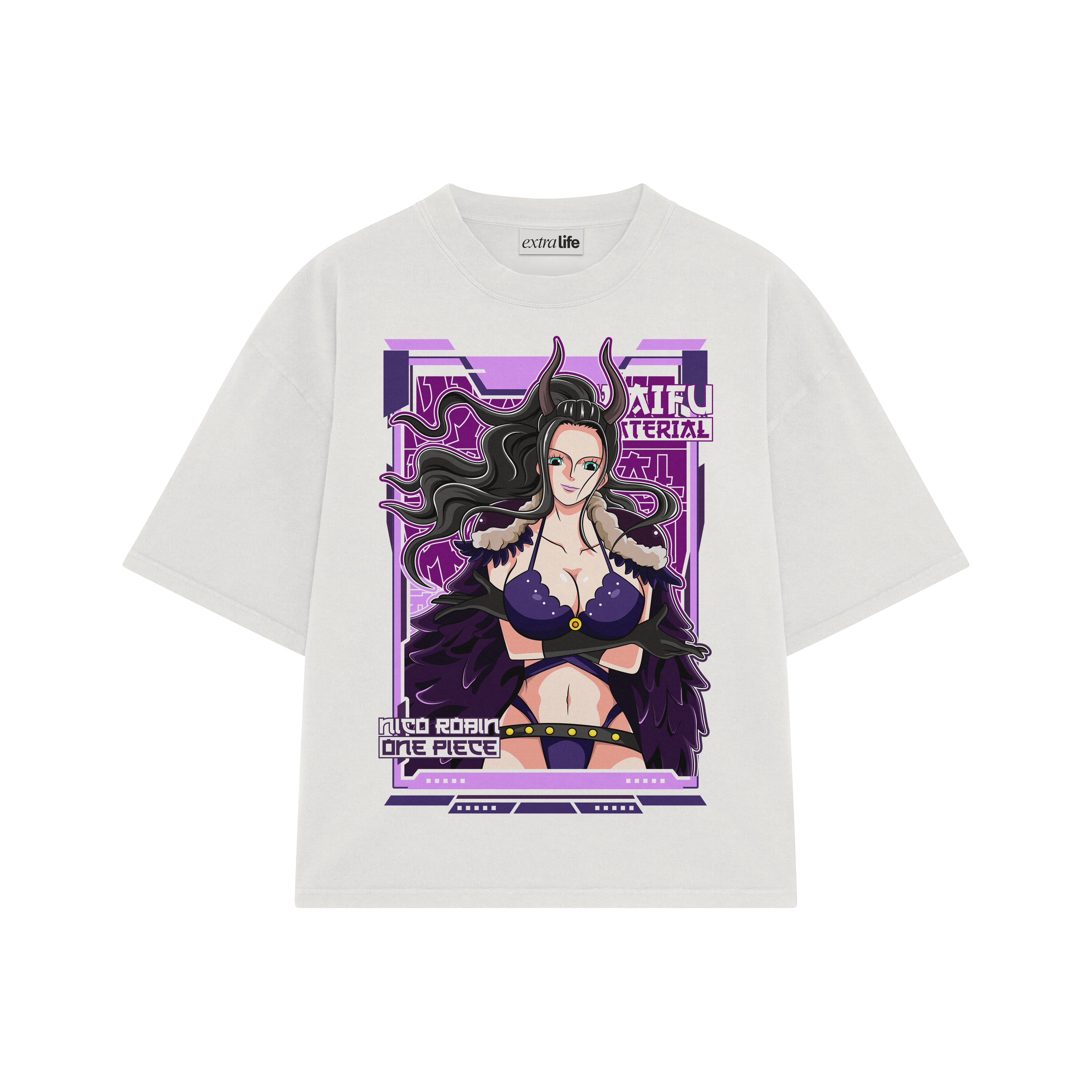 Playera streetwear premium de anime y gaming ExtraLife MX, corte boxy oversized drop shoulder heavyweight en color Deep Black y Off-White, moda urbana mexicana de culto.