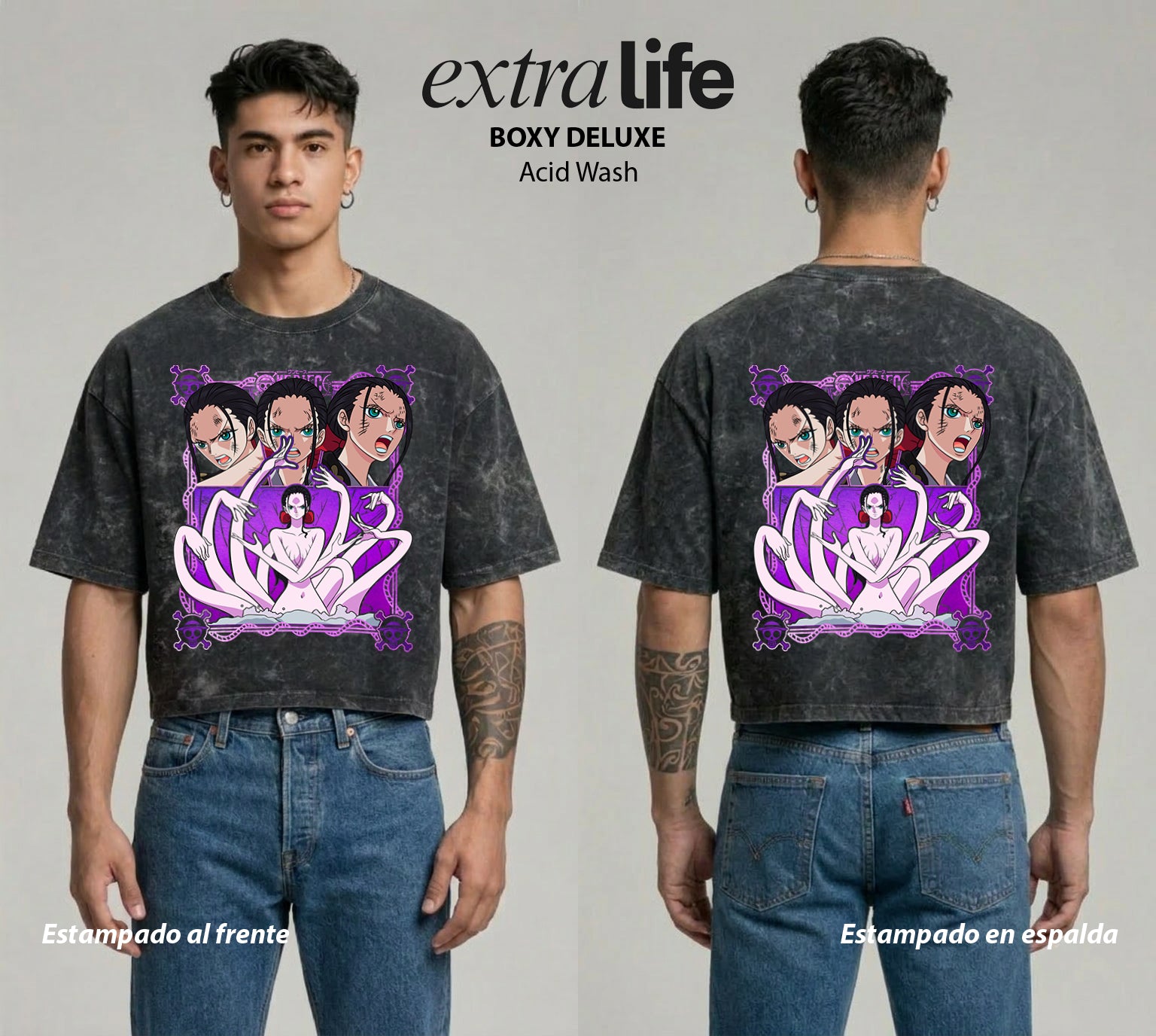 Playera streetwear premium de anime y gaming ExtraLife MX, corte boxy deluxe mineral wash heavyweight en color Acid Wash, moda urbana mexicana de culto.