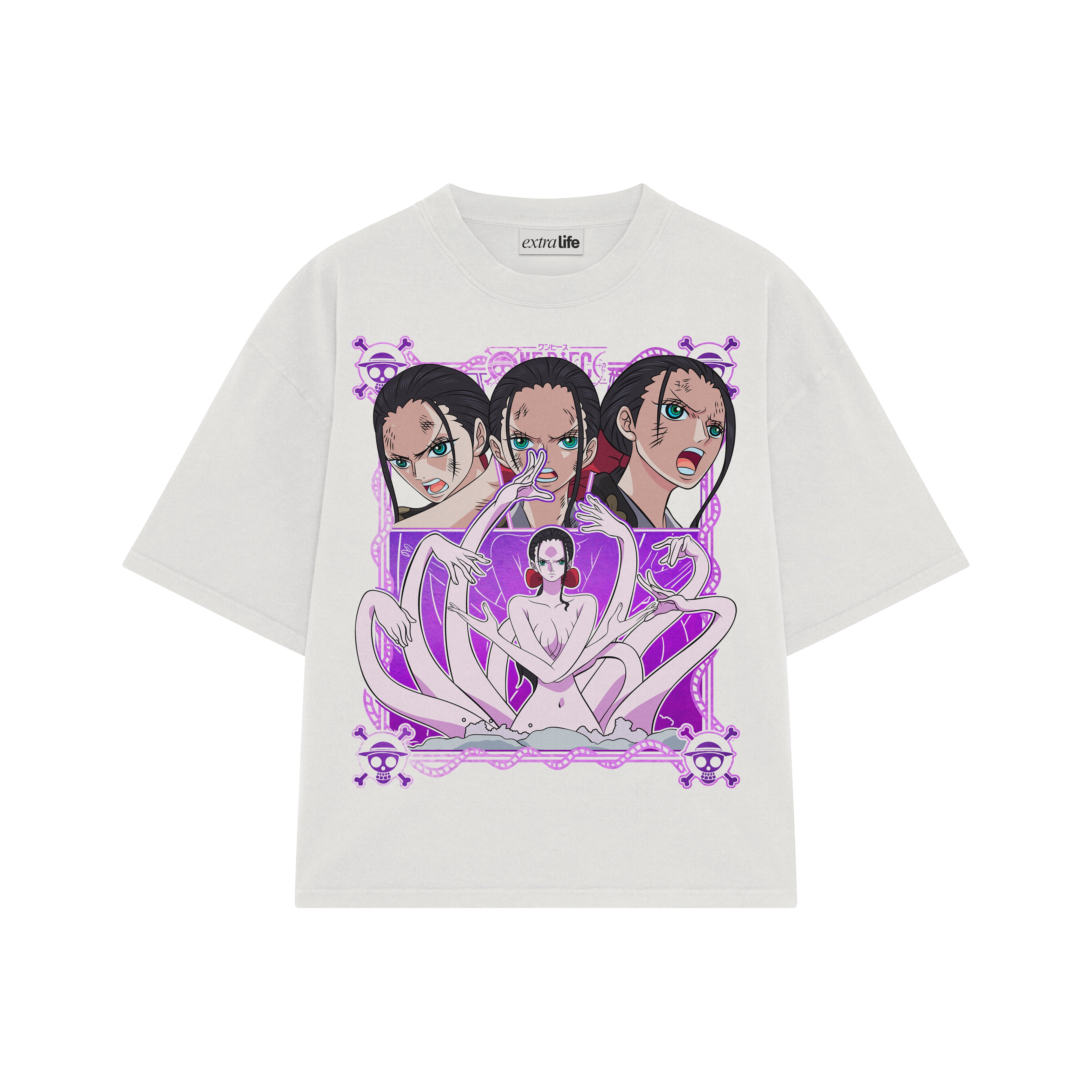 Playera streetwear premium de anime y gaming ExtraLife MX, corte boxy oversized drop shoulder heavyweight en color Deep Black y Off-White, moda urbana mexicana de culto.