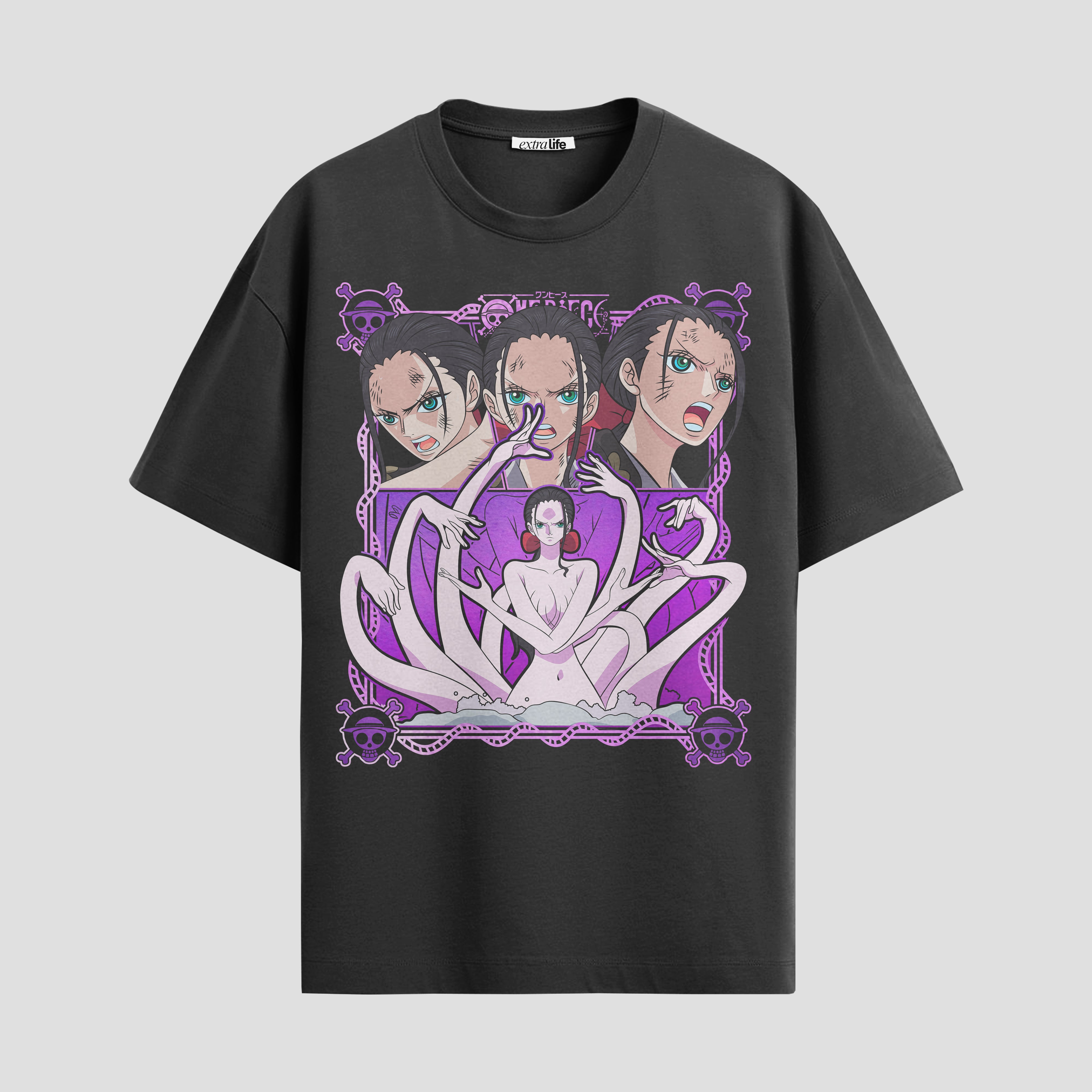 Playera urbana de anime y gaming ExtraLife MX, corte Standard Fit unisex ligero y transpirable en color Deep Black y Pure White, ropa de uso diario para gym y casual.