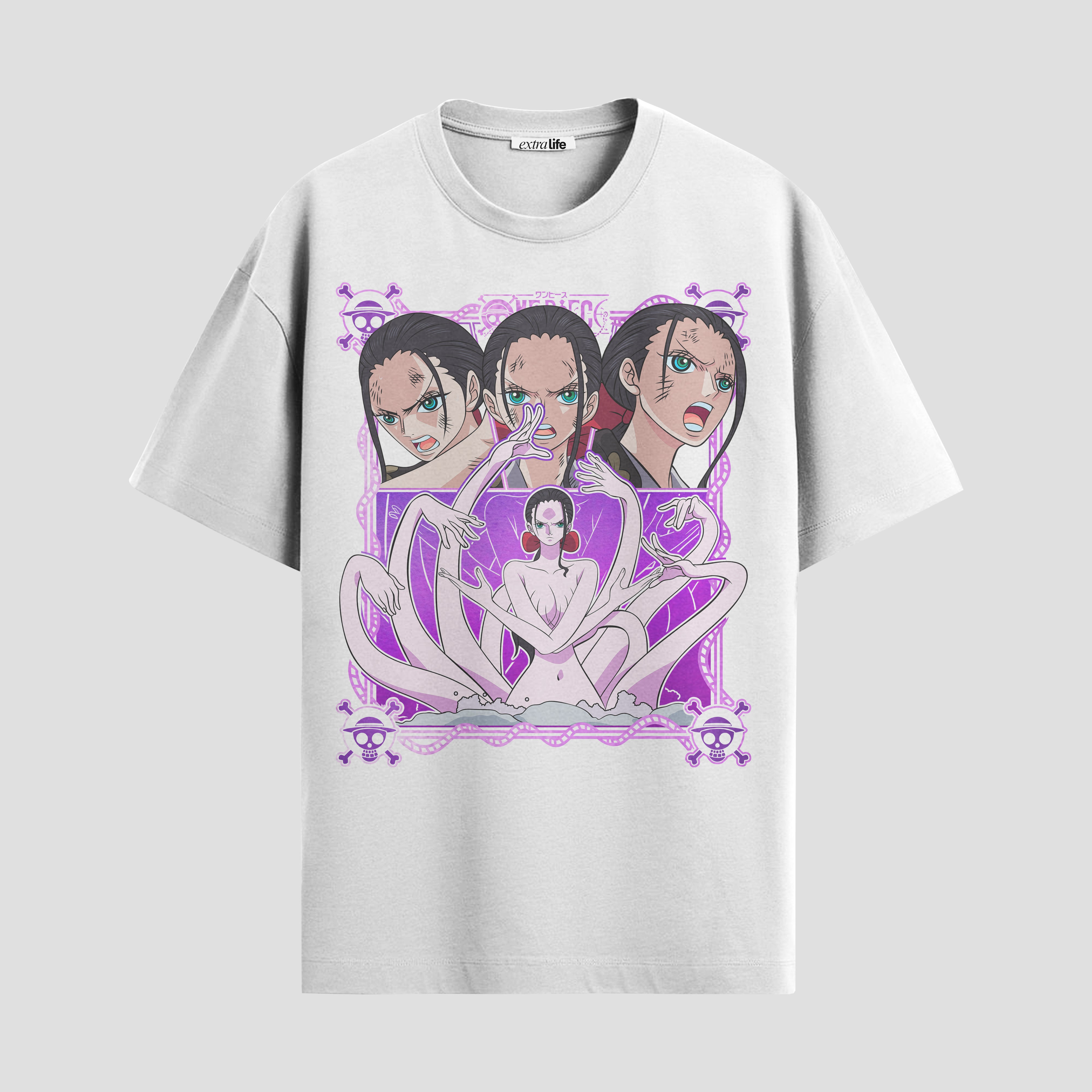Playera urbana de anime y gaming ExtraLife MX, corte Standard Fit unisex ligero y transpirable en color Deep Black y Pure White, ropa de uso diario para gym y casual.