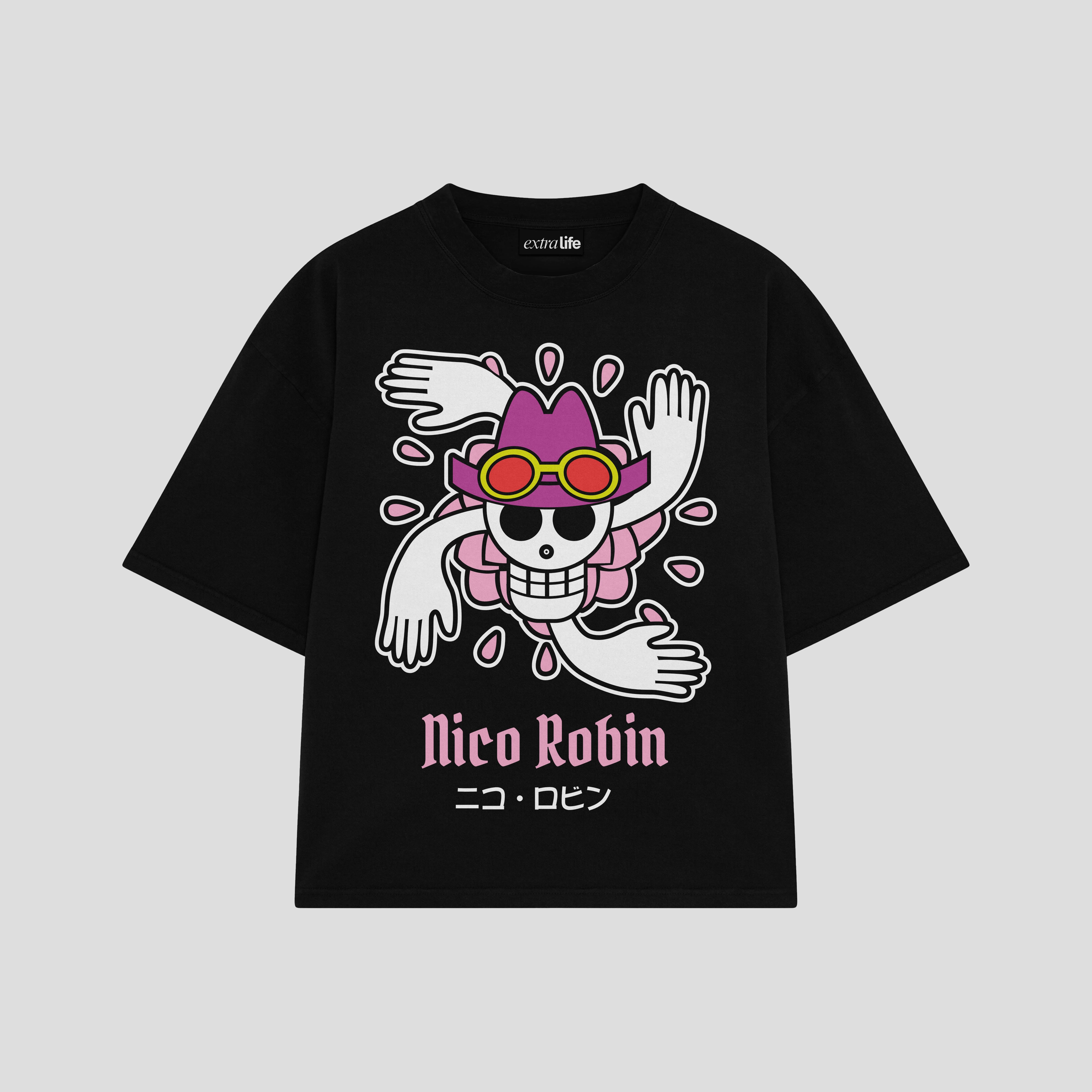 Playera streetwear premium de anime y gaming ExtraLife MX, corte boxy oversized drop shoulder heavyweight en color Deep Black y Off-White, moda urbana mexicana de culto.
