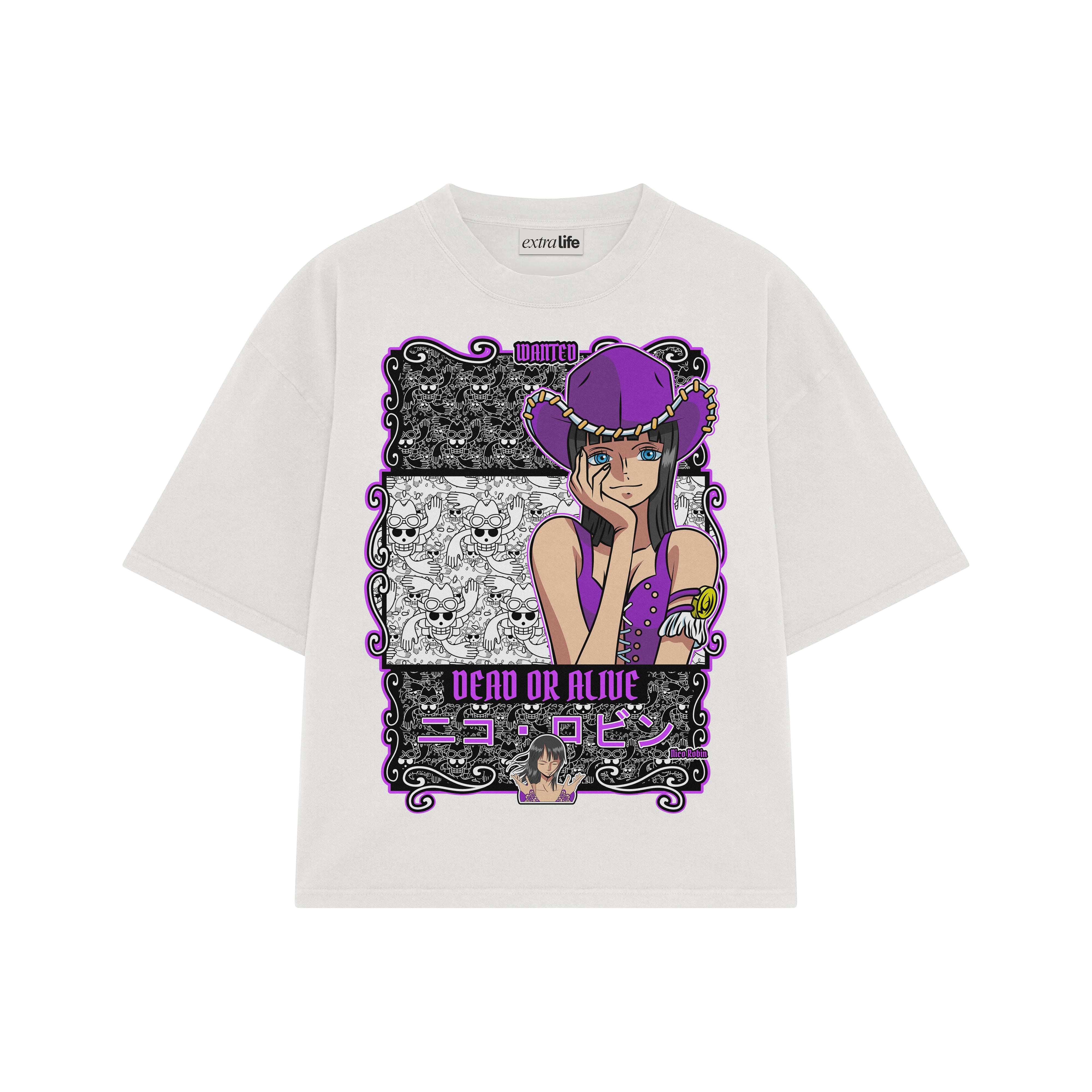 Playera streetwear premium de anime y gaming ExtraLife MX, corte boxy oversized drop shoulder heavyweight en color Deep Black y Off-White, moda urbana mexicana de culto.