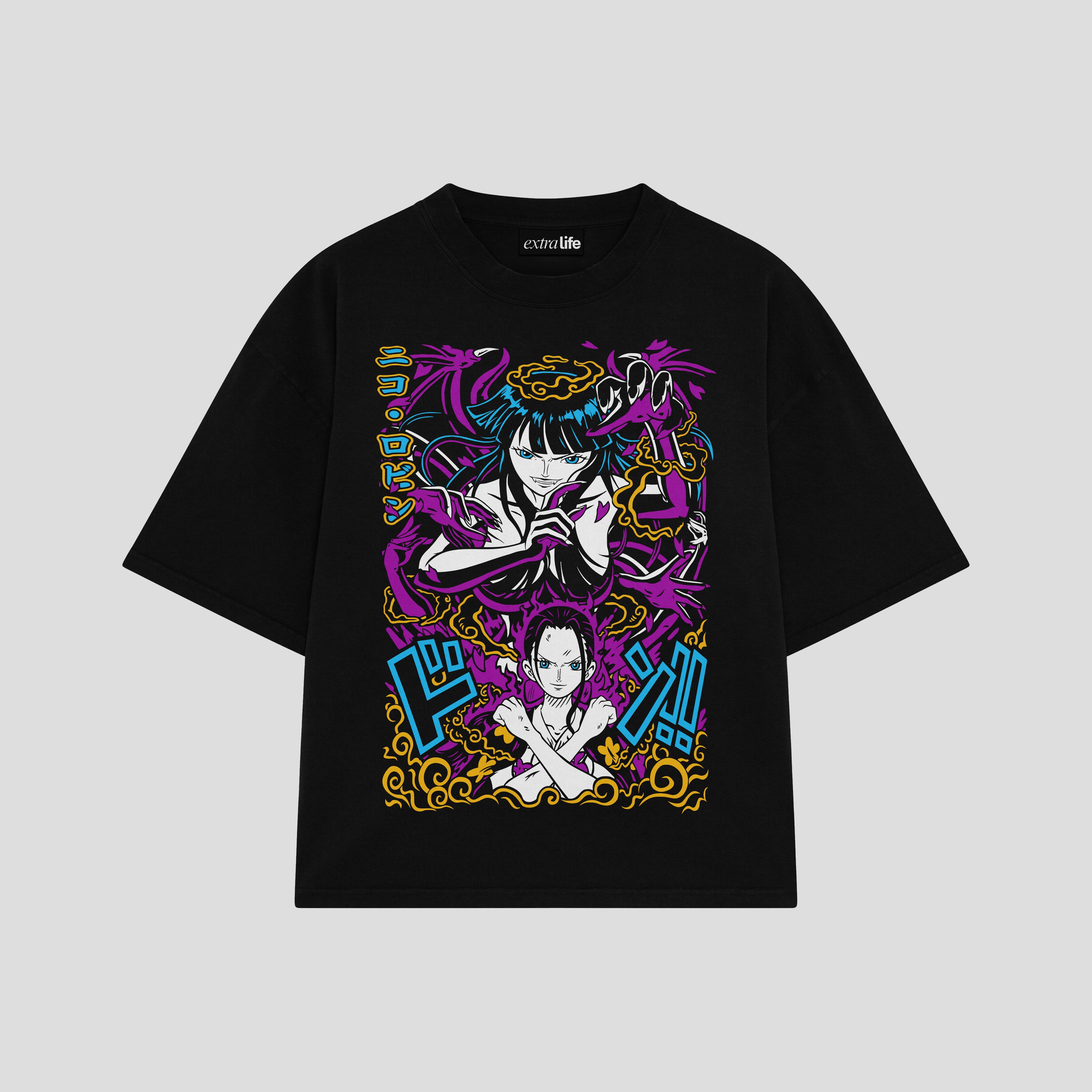 Playera streetwear premium de anime y gaming ExtraLife MX, corte boxy oversized drop shoulder heavyweight en color Deep Black y Off-White, moda urbana mexicana de culto.