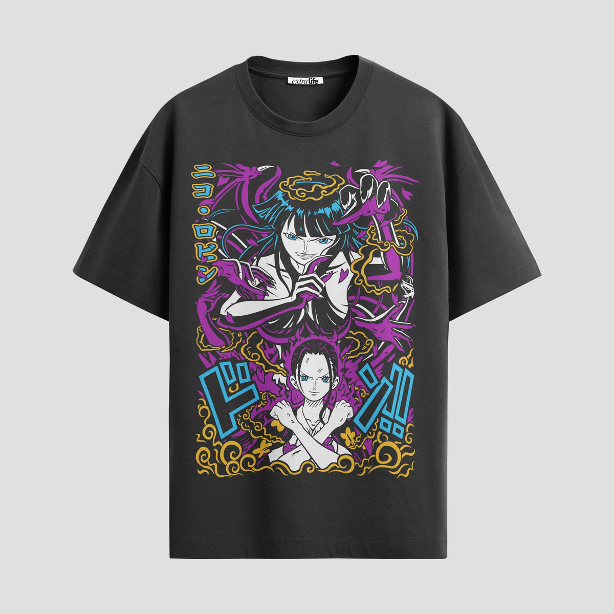 Playera urbana de anime y gaming ExtraLife MX, corte Classic Premium unisex ligero y transpirable en color Deep Black y Pure White, ropa de uso diario para gym y casual.