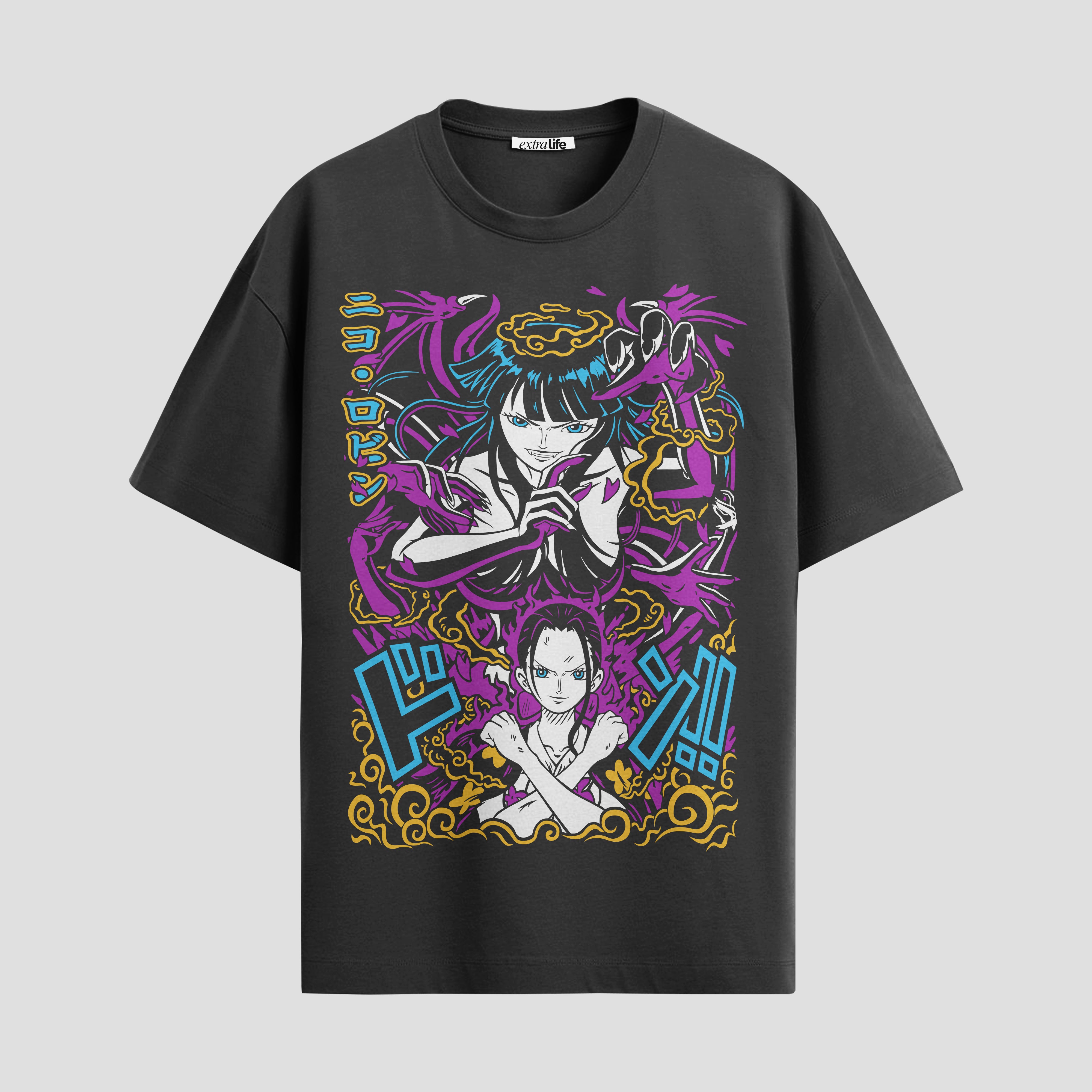 Playera urbana de anime y gaming ExtraLife MX, corte Standard Fit unisex ligero y transpirable en color Deep Black y Pure White, ropa de uso diario para gym y casual.