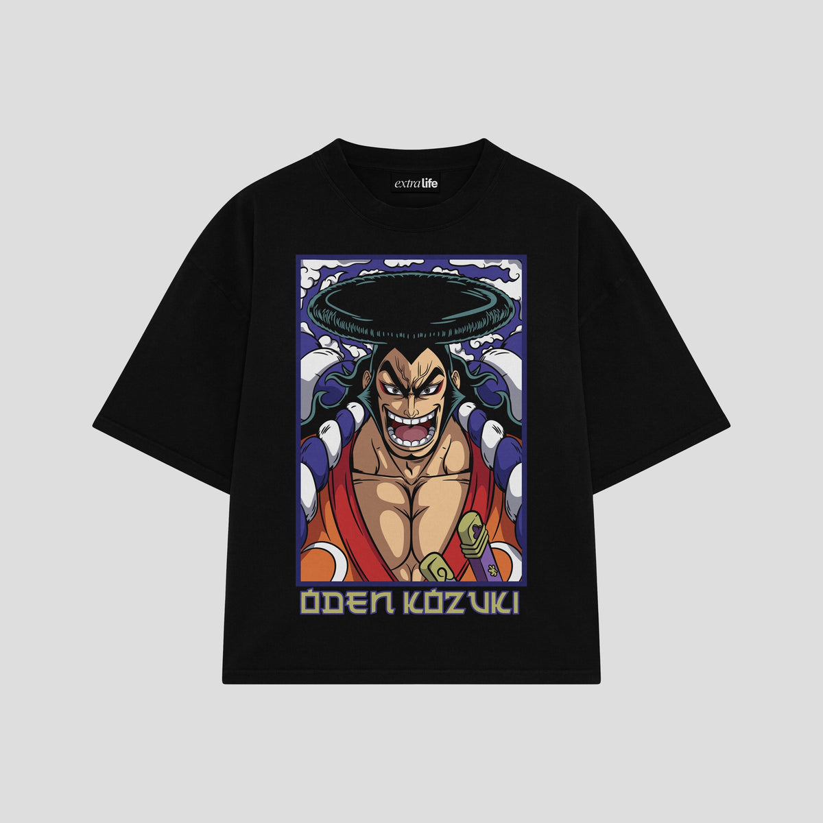 Playera streetwear premium de anime y gaming ExtraLife MX, corte oversized drop shoulder ligero y fresco en color Deep Black y Off-White, moda urbana mexicana de culto.