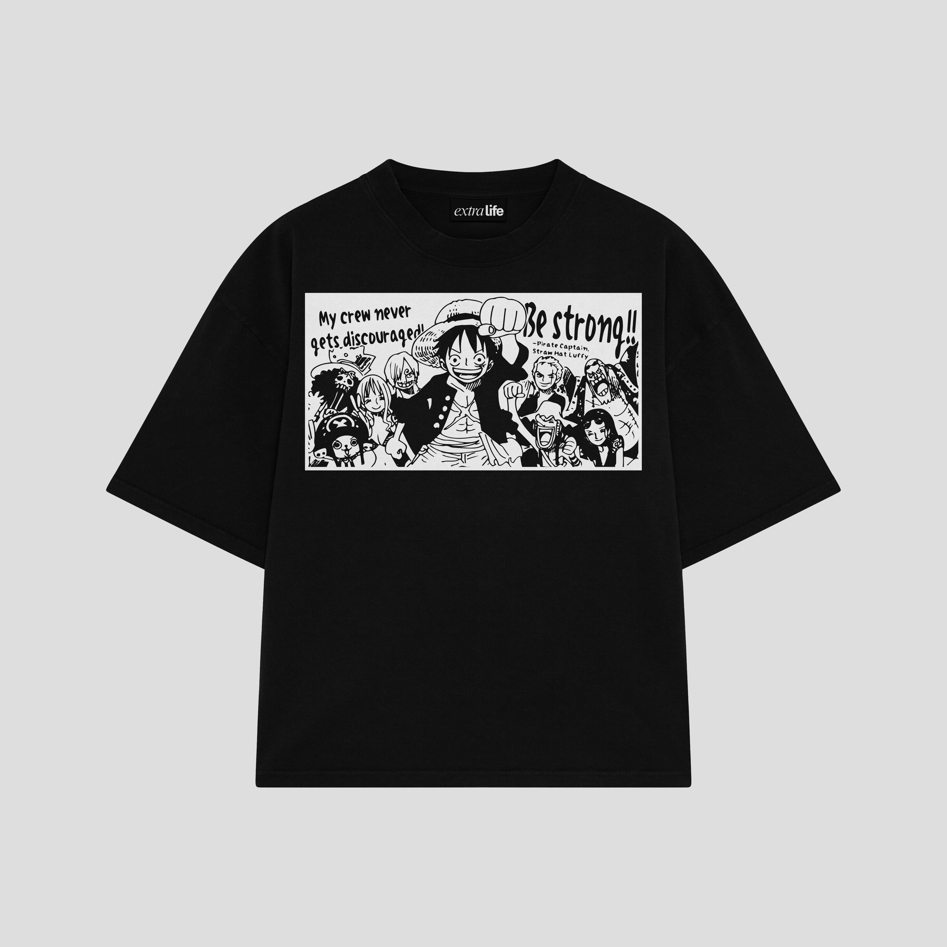 Playera streetwear premium de anime y gaming ExtraLife MX, corte boxy oversized drop shoulder heavyweight en color Deep Black y Off-White, moda urbana mexicana de culto.