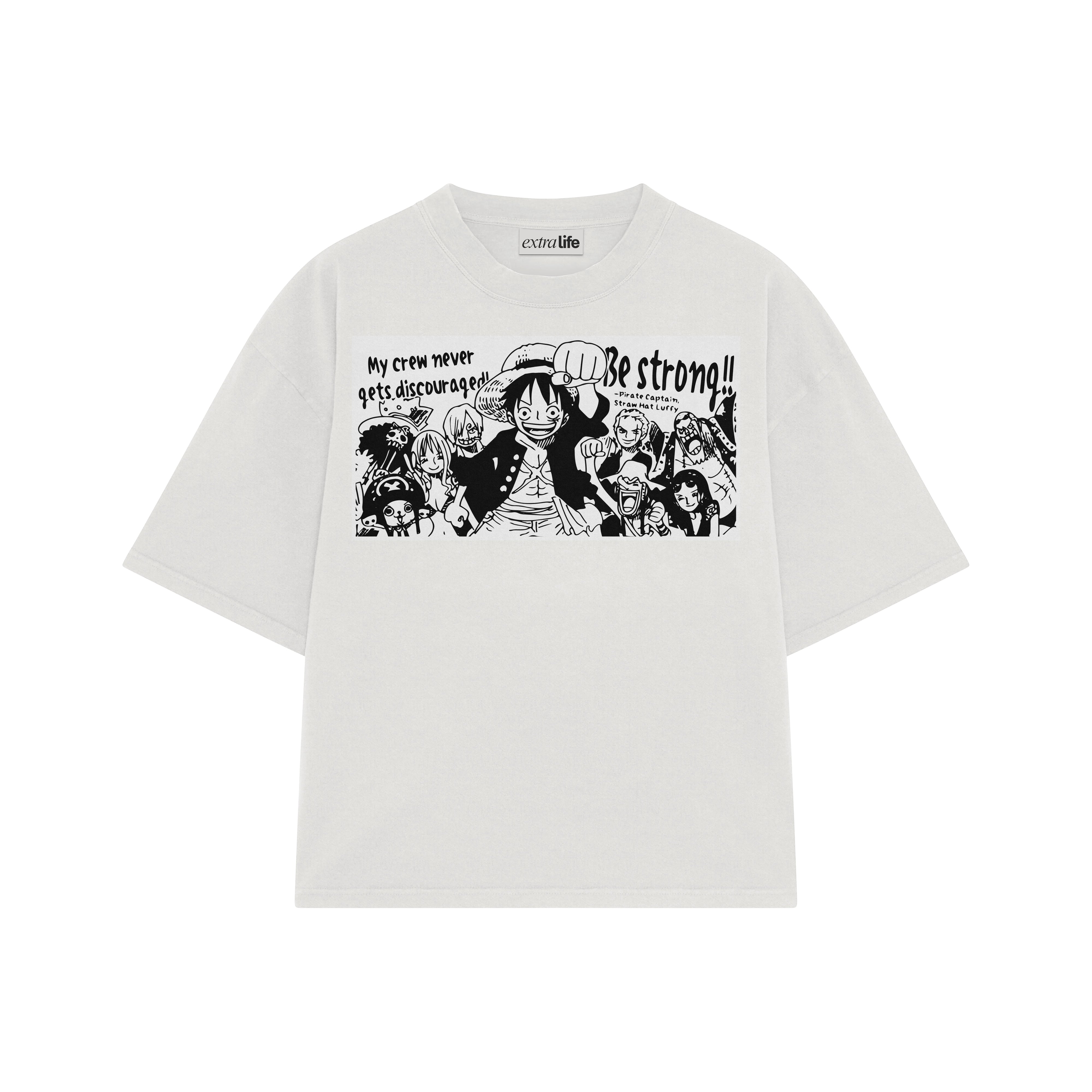 Playera streetwear premium de anime y gaming ExtraLife MX, corte boxy oversized drop shoulder heavyweight en color Deep Black y Off-White, moda urbana mexicana de culto.