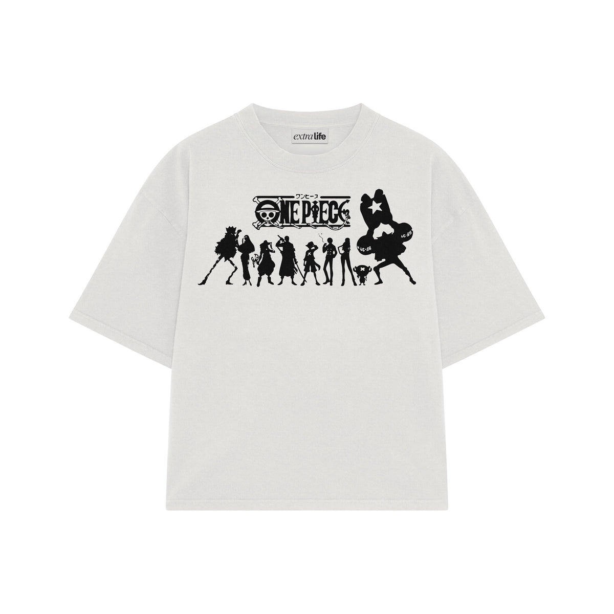 Playera streetwear premium de anime y gaming ExtraLife MX, corte oversized drop shoulder ligero y fresco en color Deep Black y Off-White, moda urbana mexicana de culto.