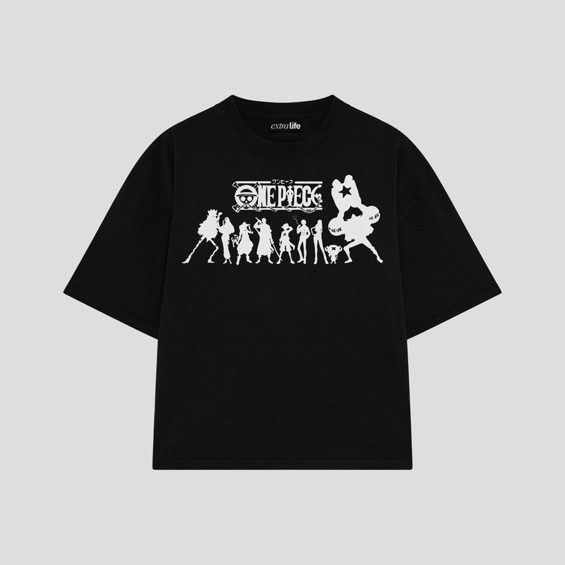 Playera streetwear premium de anime y gaming ExtraLife MX, corte boxy oversized drop shoulder heavyweight en color Deep Black y Off-White, moda urbana mexicana de culto.