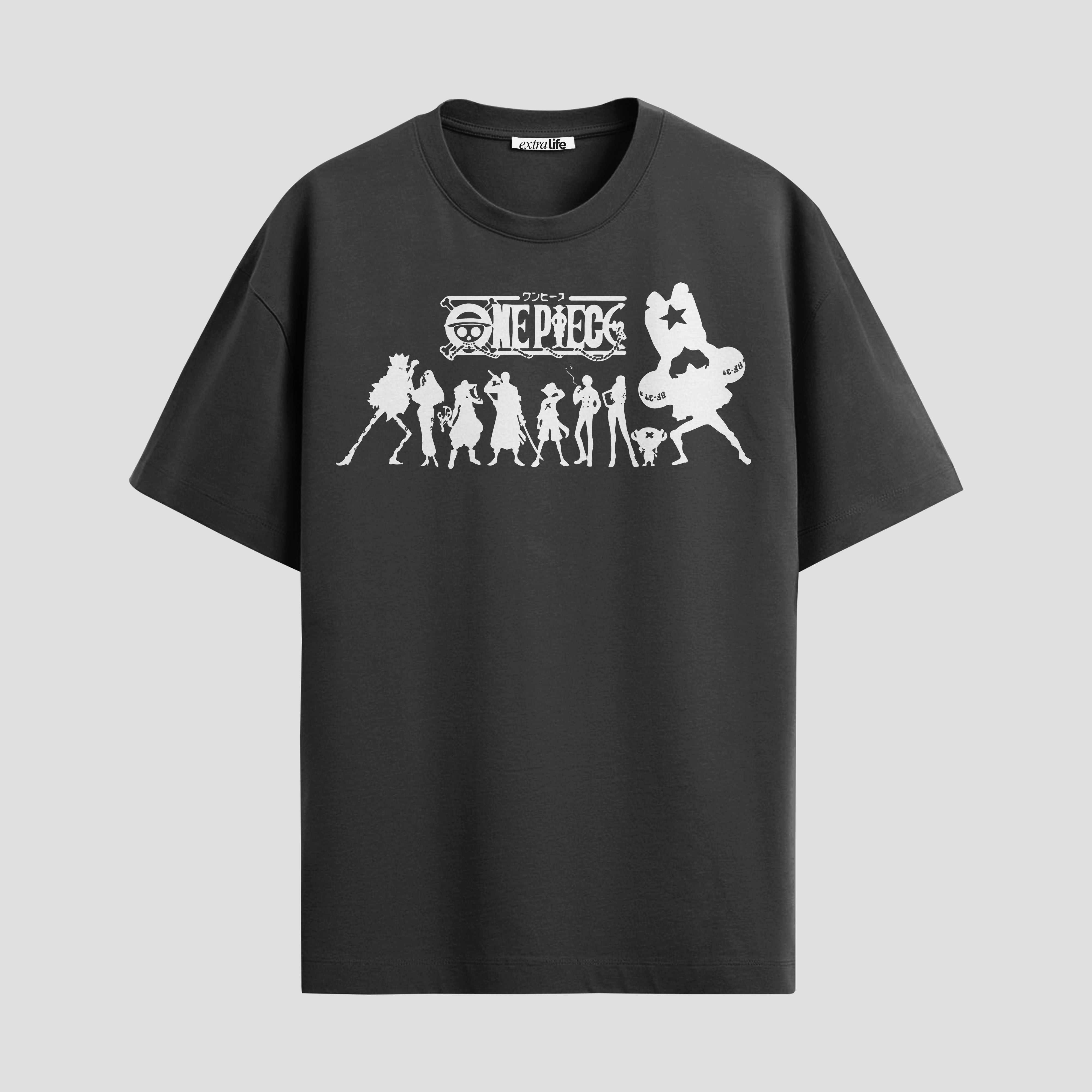 Playera urbana de anime y gaming ExtraLife MX, corte Standard Fit unisex ligero y transpirable en color Deep Black y Pure White, ropa de uso diario para gym y casual.