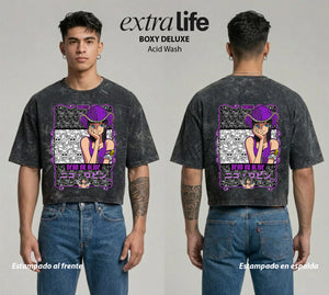 Playera streetwear premium de anime y gaming ExtraLife MX, corte boxy deluxe mineral wash heavyweight en color Acid Wash, moda urbana mexicana de culto.