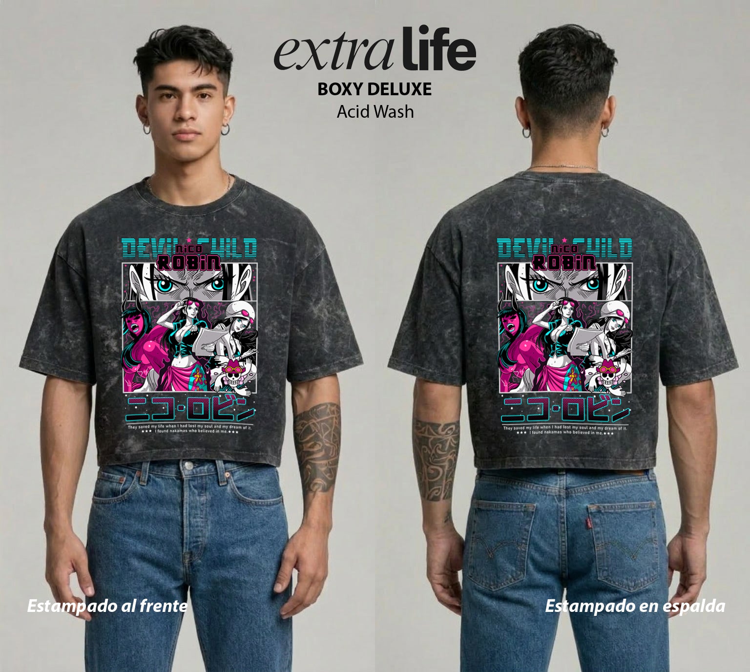 Playera streetwear premium de anime y gaming ExtraLife MX, corte boxy deluxe mineral wash heavyweight en color Acid Wash, moda urbana mexicana de culto.