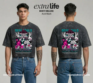 Playera streetwear premium de anime y gaming ExtraLife MX, corte boxy deluxe mineral wash heavyweight en color Acid Wash, moda urbana mexicana de culto.