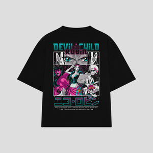 Playera streetwear premium de anime y gaming ExtraLife MX, corte boxy oversized drop shoulder heavyweight en color Deep Black y Off-White, moda urbana mexicana de culto.