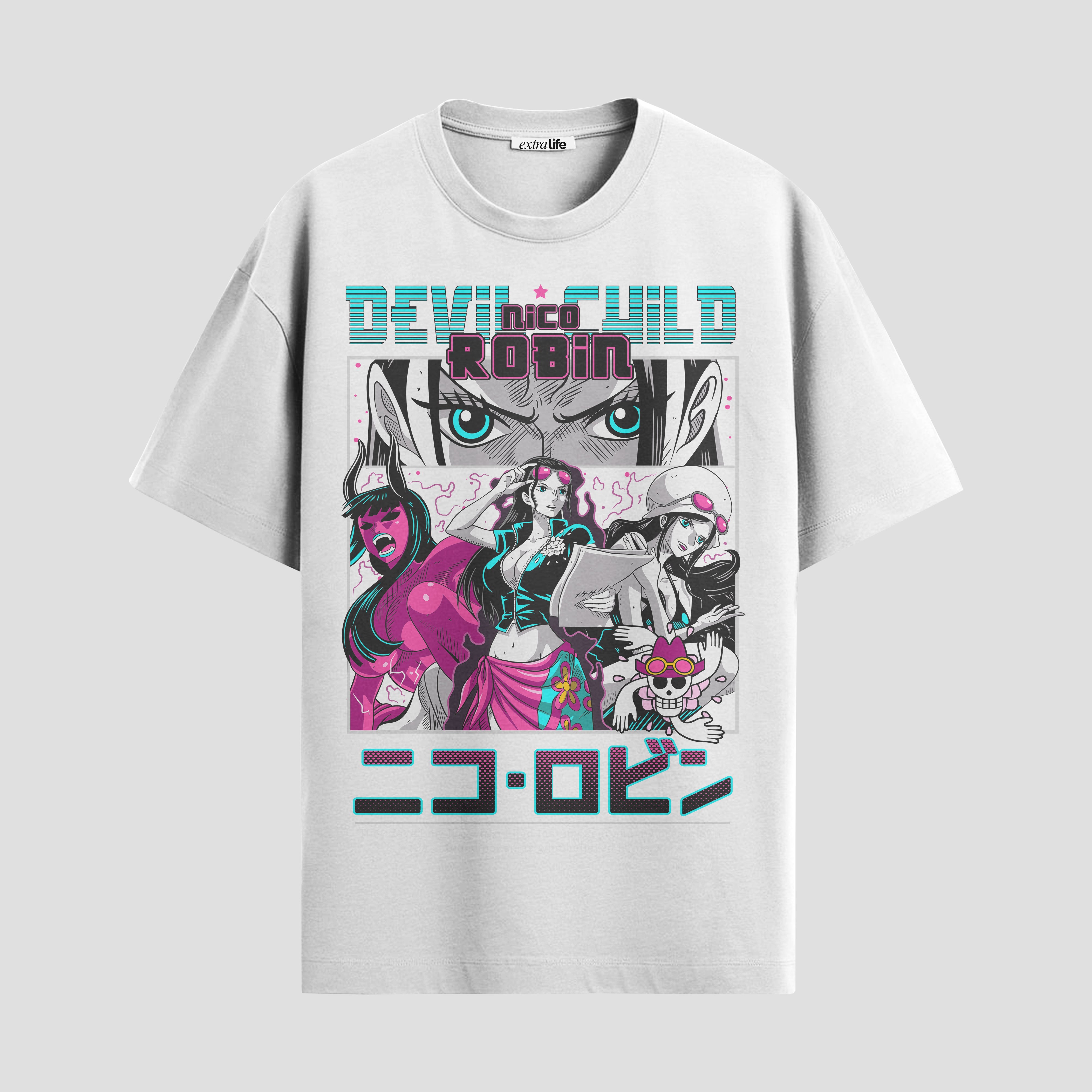Playera urbana de anime y gaming ExtraLife MX, corte Standard Fit unisex ligero y transpirable en color Deep Black y Pure White, ropa de uso diario para gym y casual.