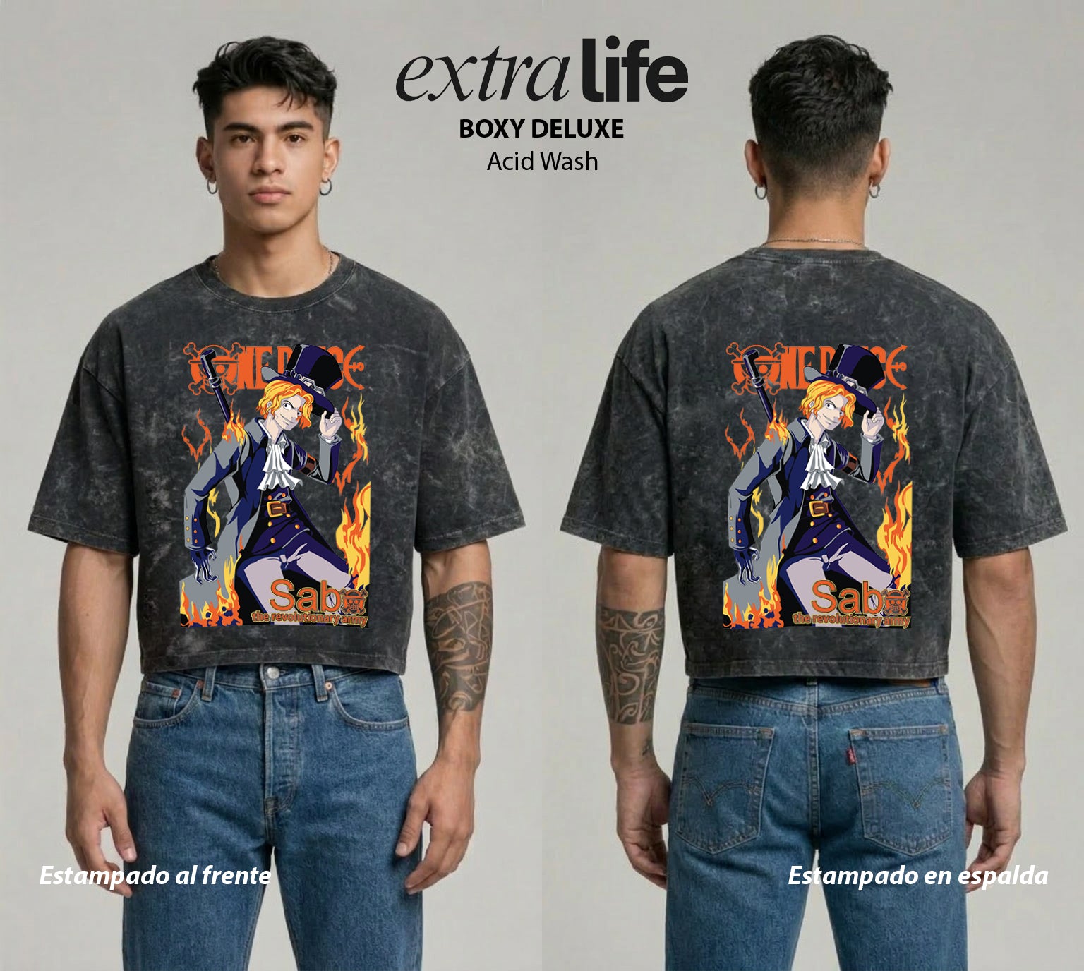 Playera streetwear premium de anime y gaming ExtraLife MX, corte boxy deluxe mineral wash heavyweight en color Acid Wash, moda urbana mexicana de culto.