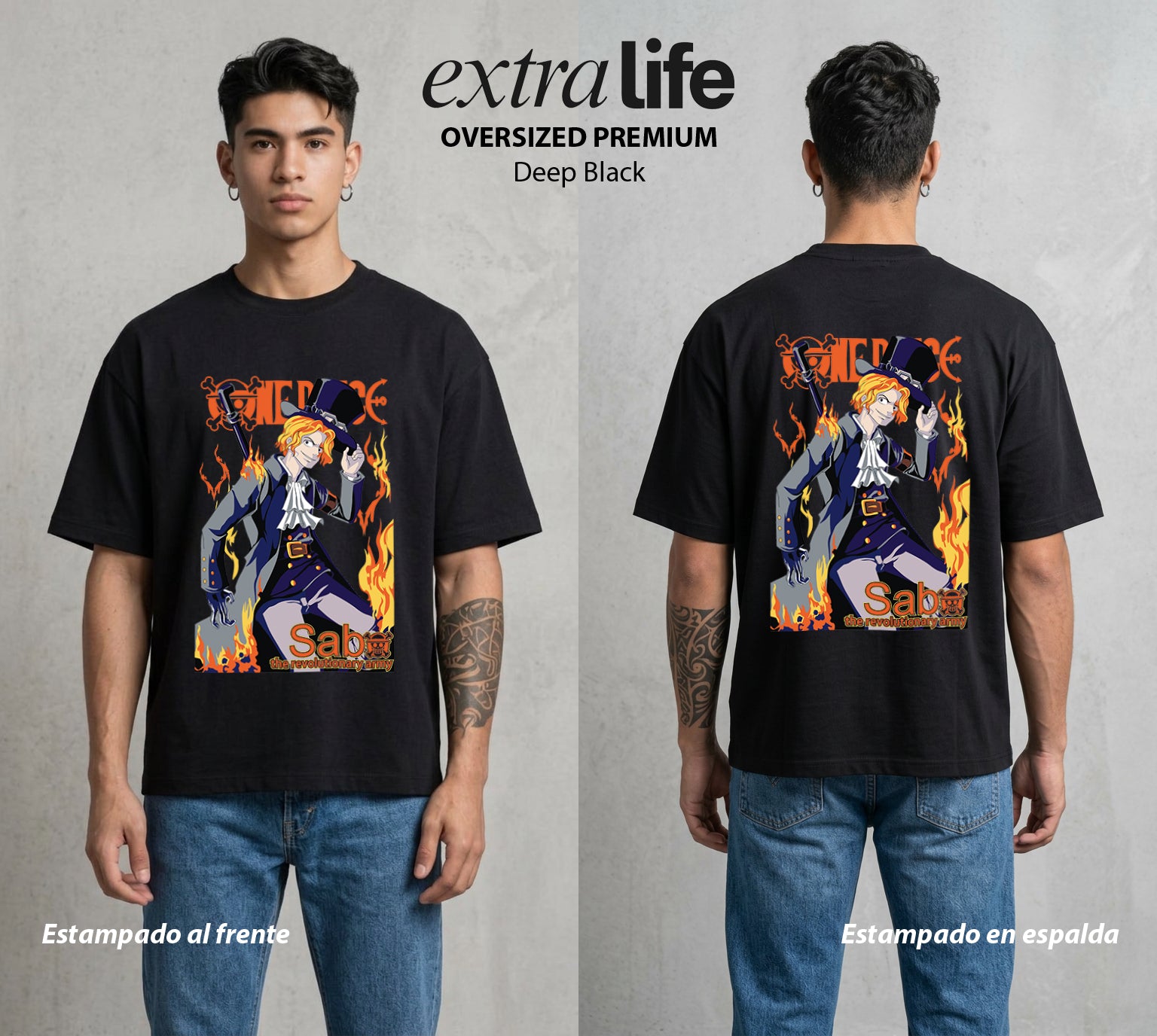 Mar de los Piratas | El Hermano del Fuego #03298 - Playera Oversized Premium | Deep Black - Foto en modelo