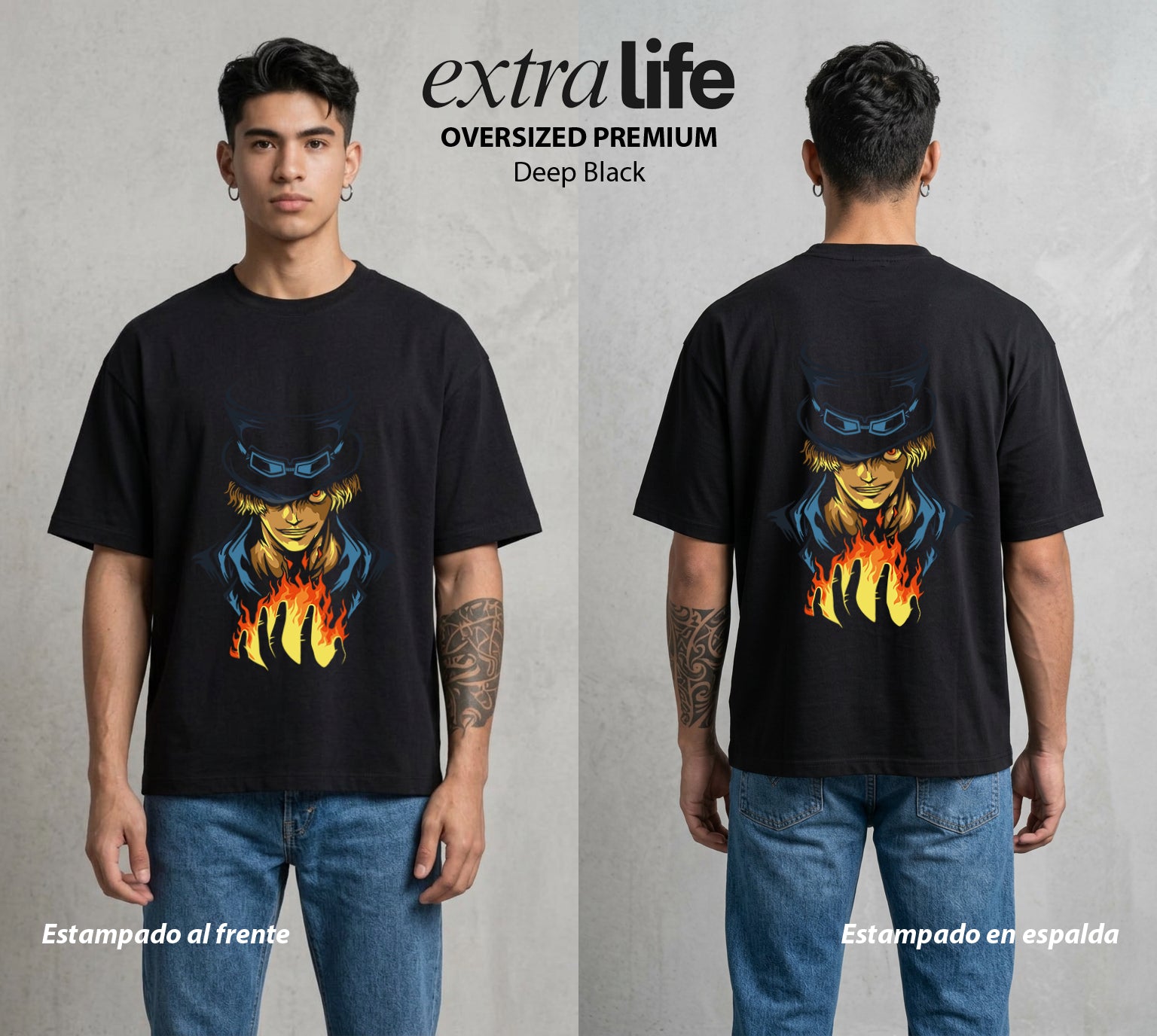 Mar de los Piratas | Revolucion y Llamas #03299 - Playera Oversized Premium | Deep Black - Foto en modelo