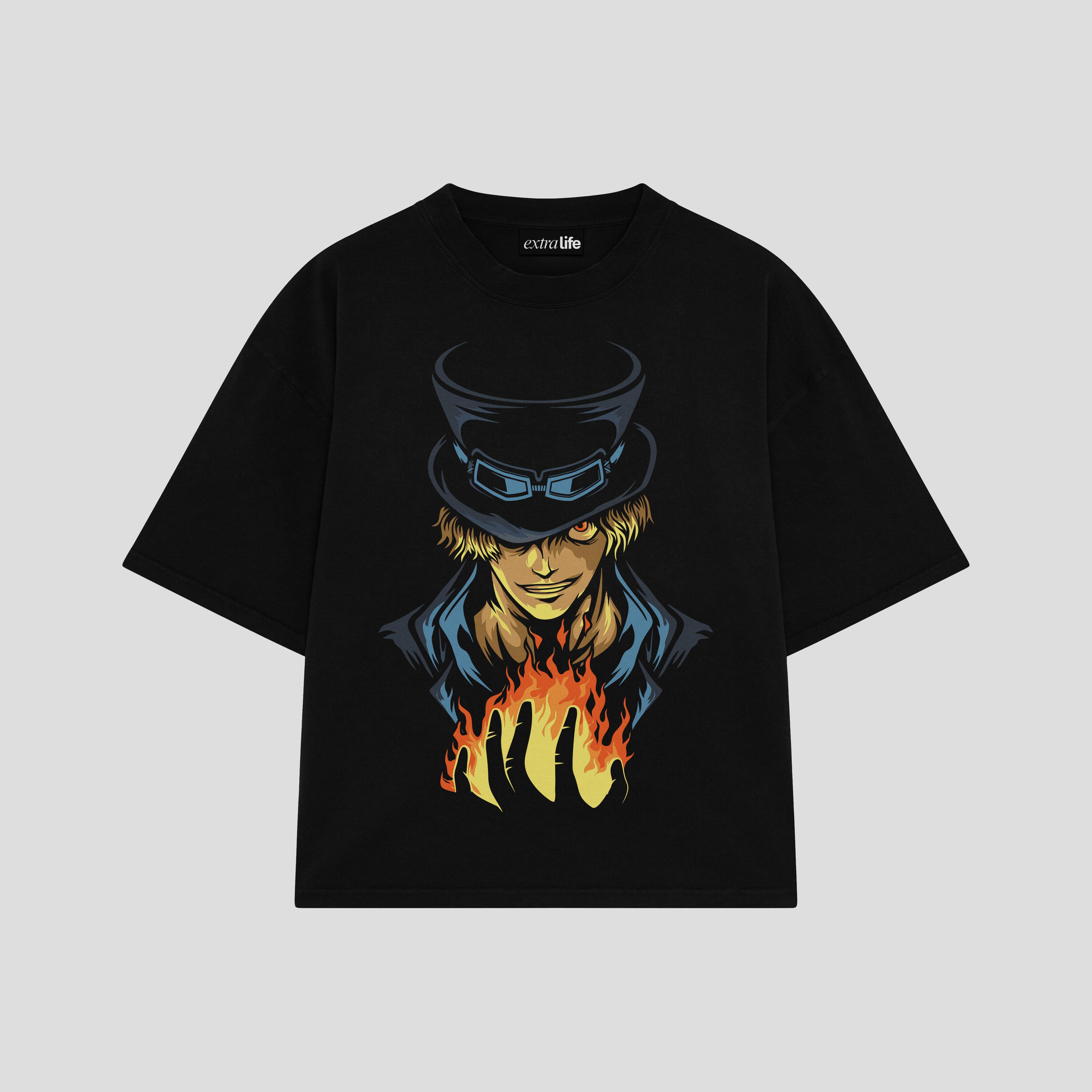 Playera streetwear premium de anime y gaming ExtraLife MX, corte boxy oversized drop shoulder heavyweight en color Deep Black y Off-White, moda urbana mexicana de culto.