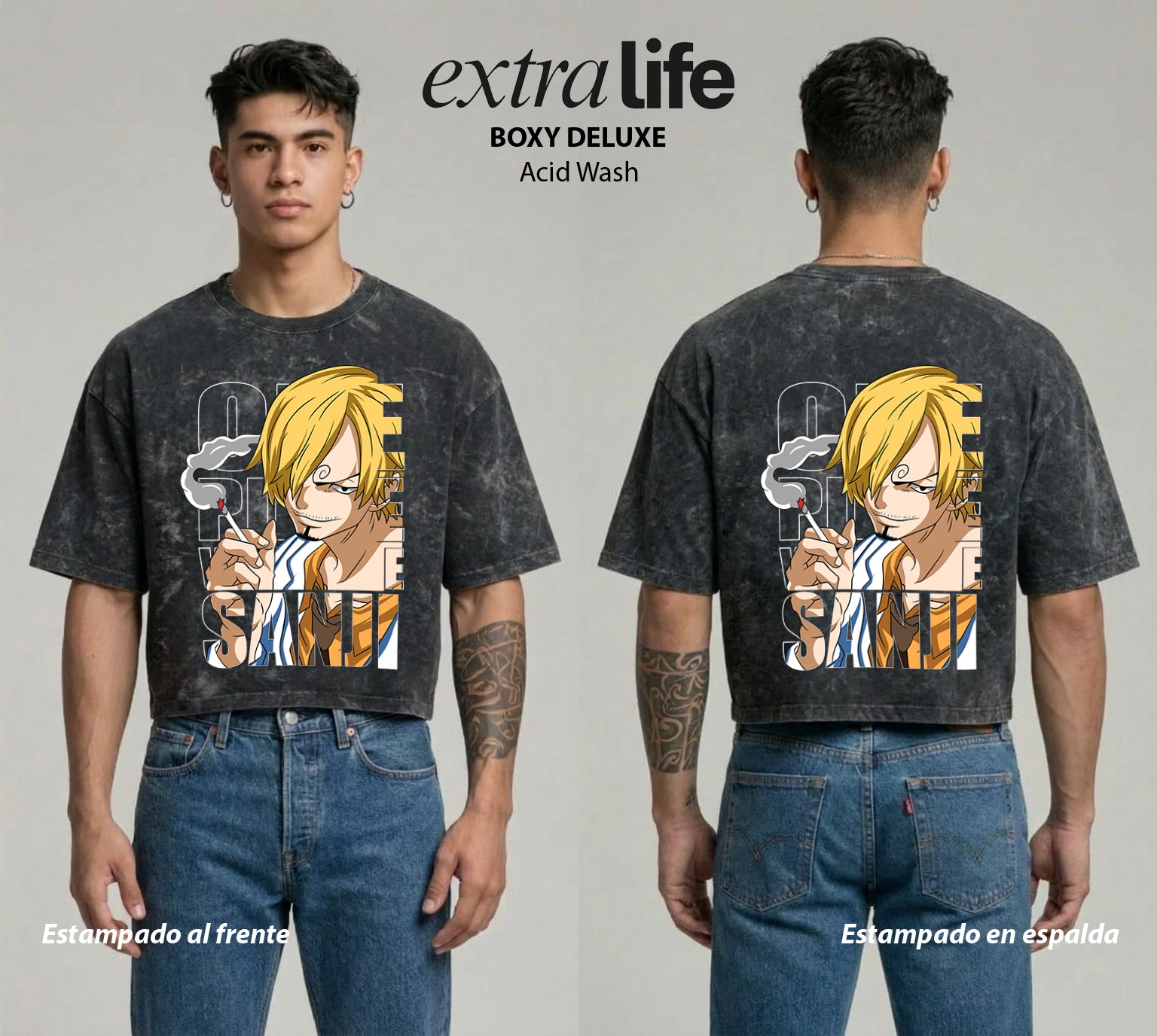 Playera streetwear premium de anime y gaming ExtraLife MX, corte boxy deluxe mineral wash heavyweight en color Acid Wash, moda urbana mexicana de culto.