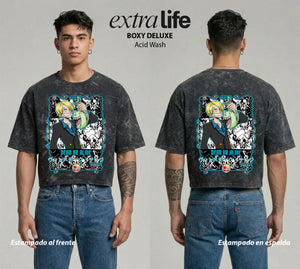 Playera streetwear premium de anime y gaming ExtraLife MX, corte boxy deluxe mineral wash heavyweight en color Acid Wash, moda urbana mexicana de culto.
