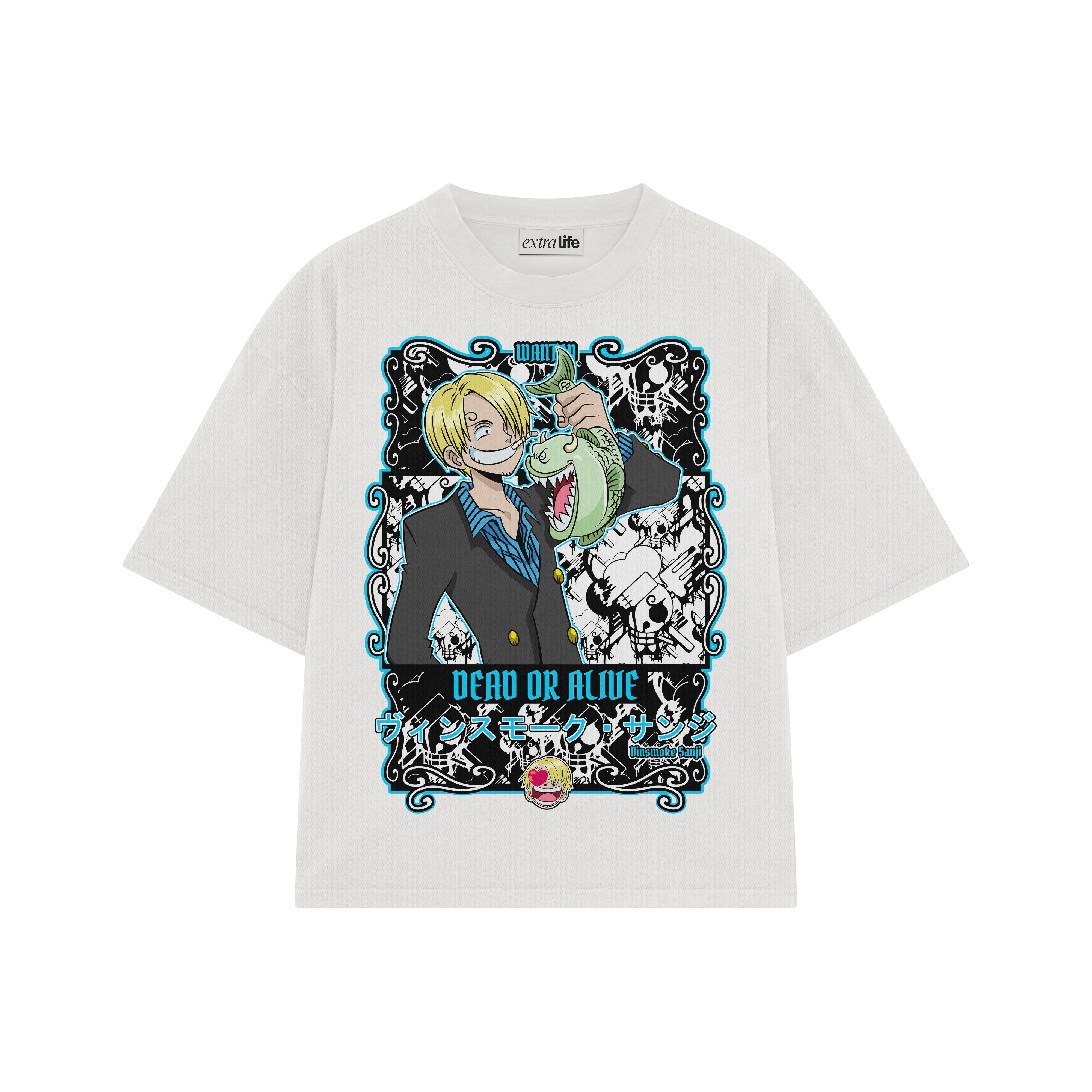 Playera streetwear premium de anime y gaming ExtraLife MX, corte boxy oversized drop shoulder heavyweight en color Deep Black y Off-White, moda urbana mexicana de culto.