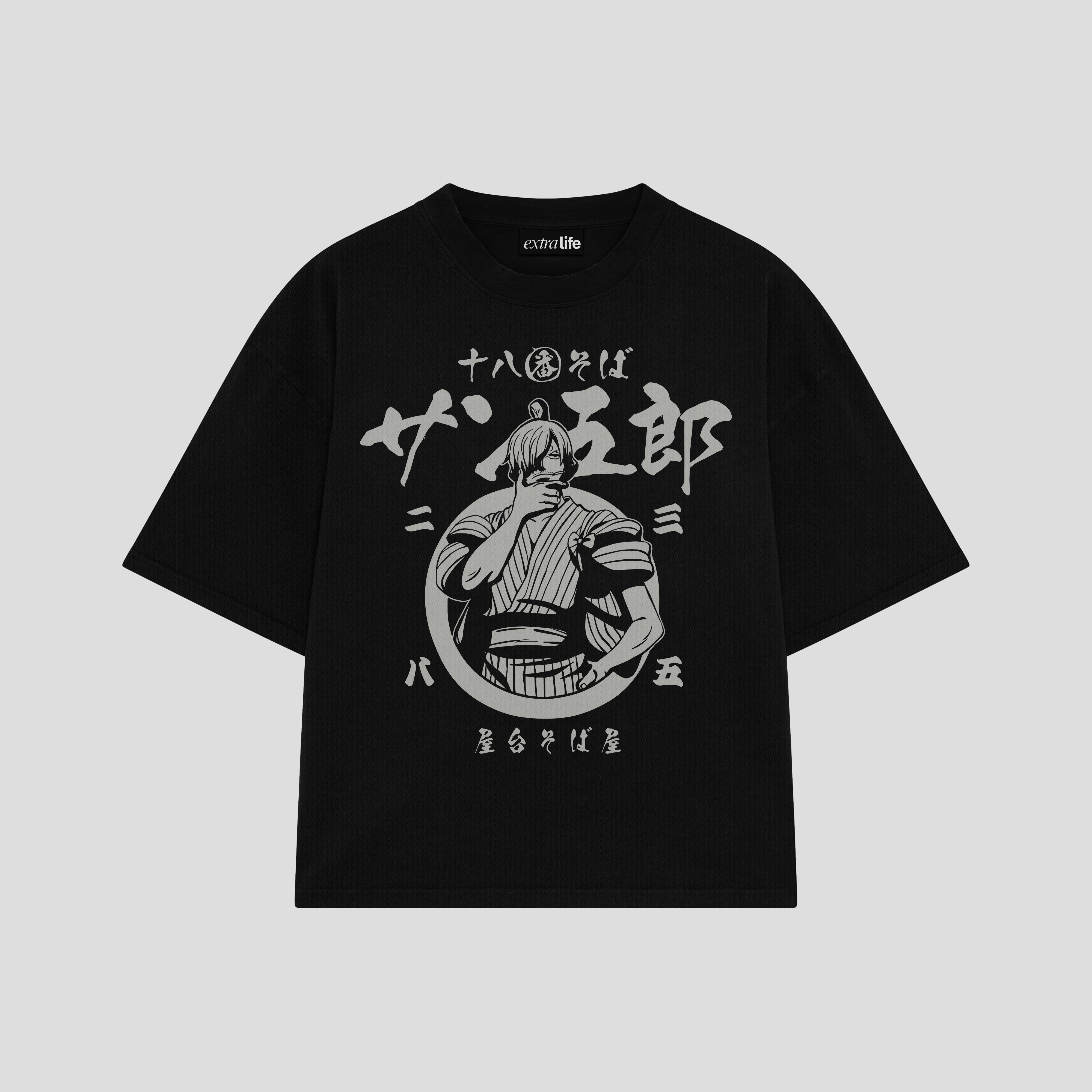 Playera streetwear premium de anime y gaming ExtraLife MX, corte boxy oversized drop shoulder heavyweight en color Deep Black y Off-White, moda urbana mexicana de culto.