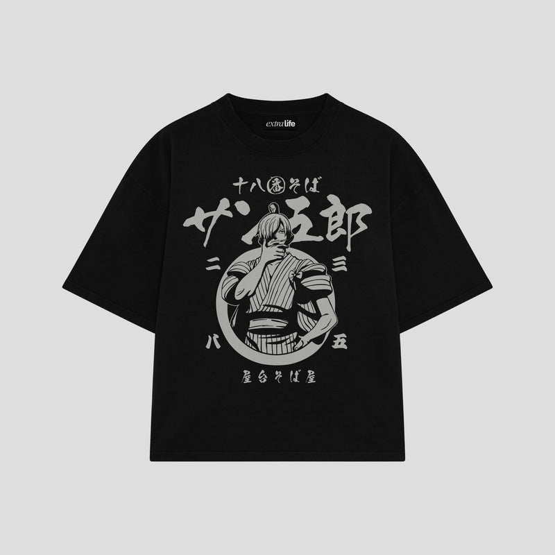 Playera streetwear premium de anime y gaming ExtraLife MX, corte boxy oversized drop shoulder heavyweight en color Deep Black y Off-White, moda urbana mexicana de culto.