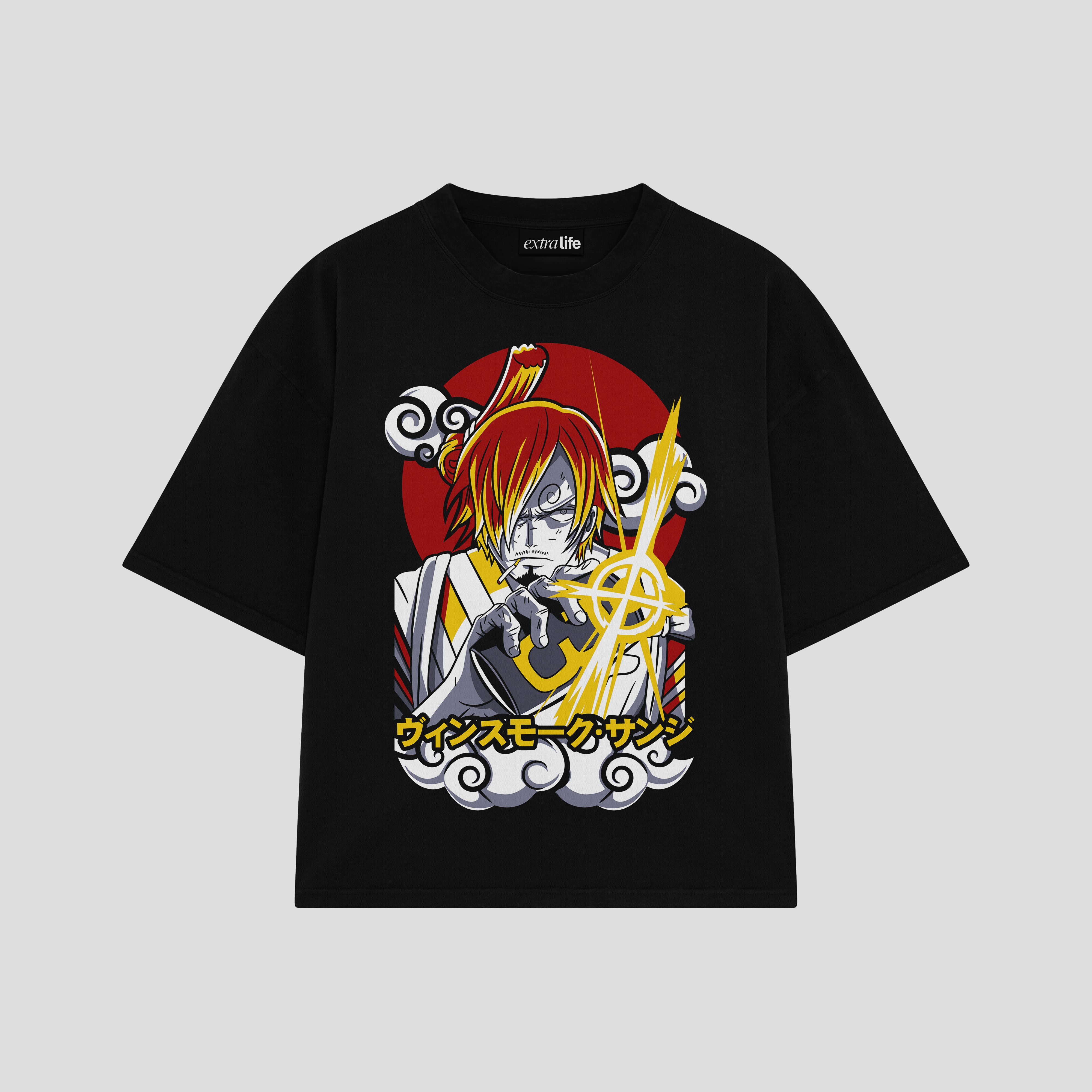 Playera streetwear premium de anime y gaming ExtraLife MX, corte boxy oversized drop shoulder heavyweight en color Deep Black y Off-White, moda urbana mexicana de culto.