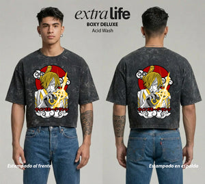 Playera streetwear premium de anime y gaming ExtraLife MX, corte boxy deluxe mineral wash heavyweight en color Acid Wash, moda urbana mexicana de culto.