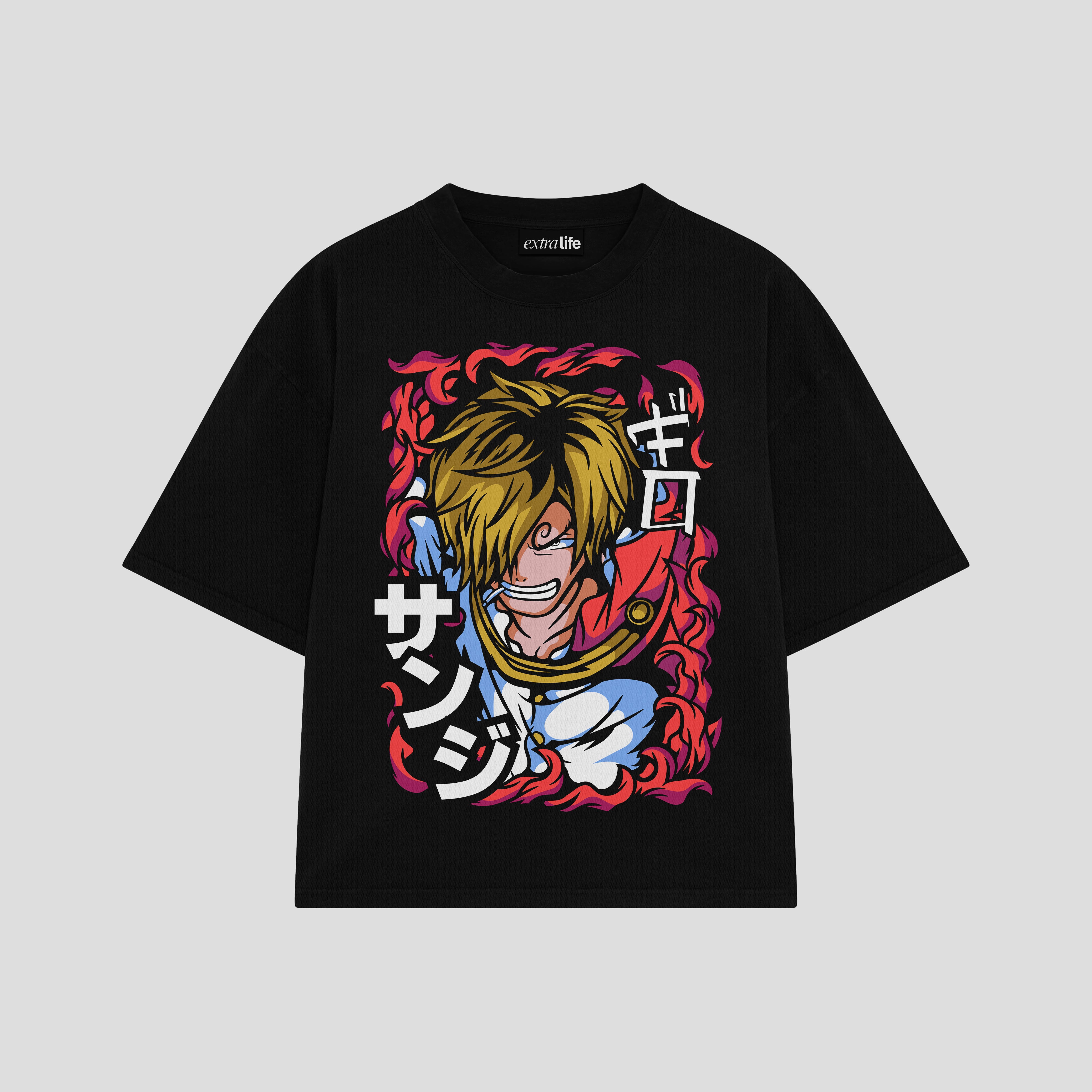 Playera streetwear premium de anime y gaming ExtraLife MX, corte boxy oversized drop shoulder heavyweight en color Deep Black y Off-White, moda urbana mexicana de culto.