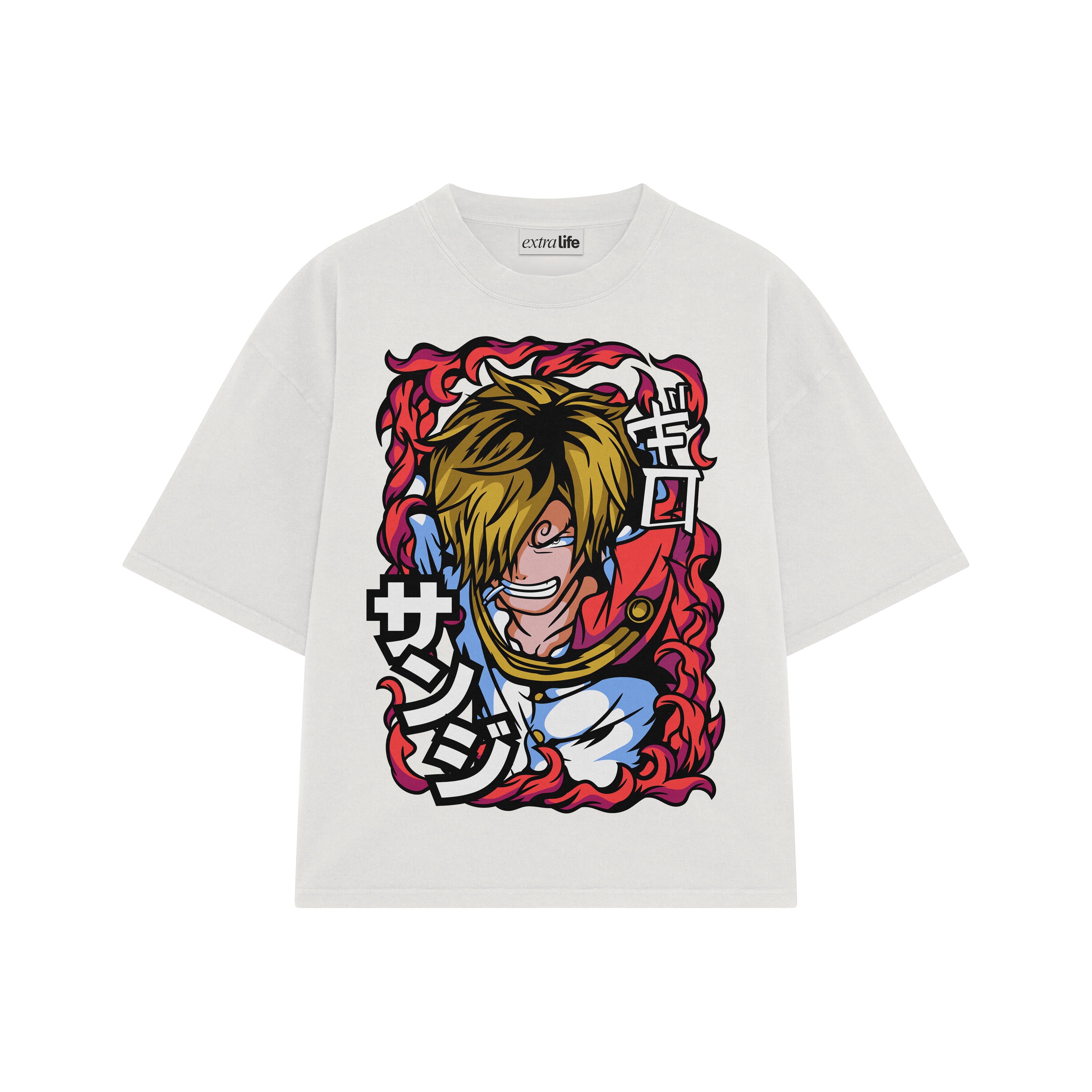 Playera streetwear premium de anime y gaming ExtraLife MX, corte boxy oversized drop shoulder heavyweight en color Deep Black y Off-White, moda urbana mexicana de culto.