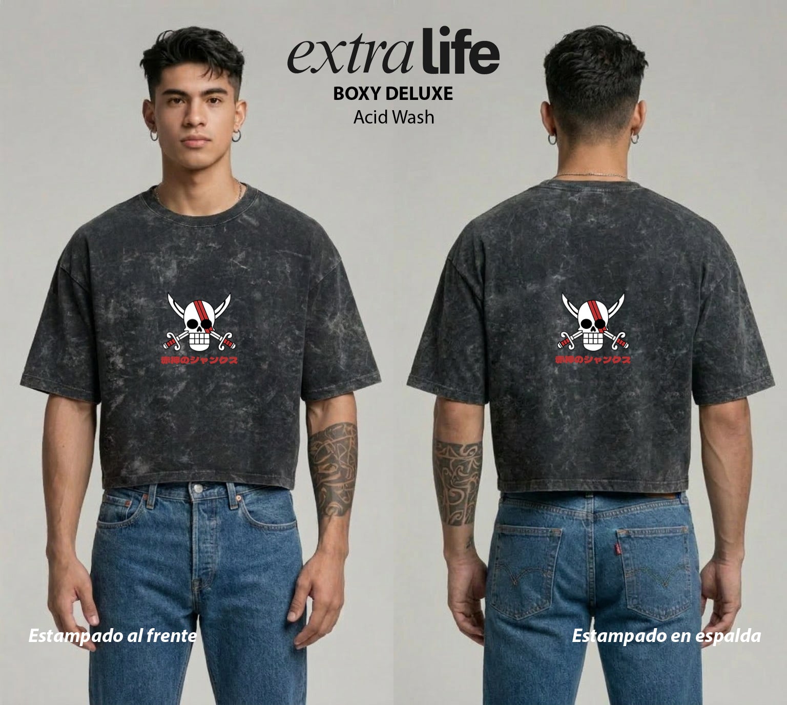 Playera streetwear premium de anime y gaming ExtraLife MX, corte boxy deluxe mineral wash heavyweight en color Acid Wash, moda urbana mexicana de culto.