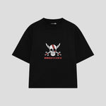 Playera streetwear premium de anime y gaming ExtraLife MX, corte boxy oversized drop shoulder heavyweight en color Deep Black y Off-White, moda urbana mexicana de culto.