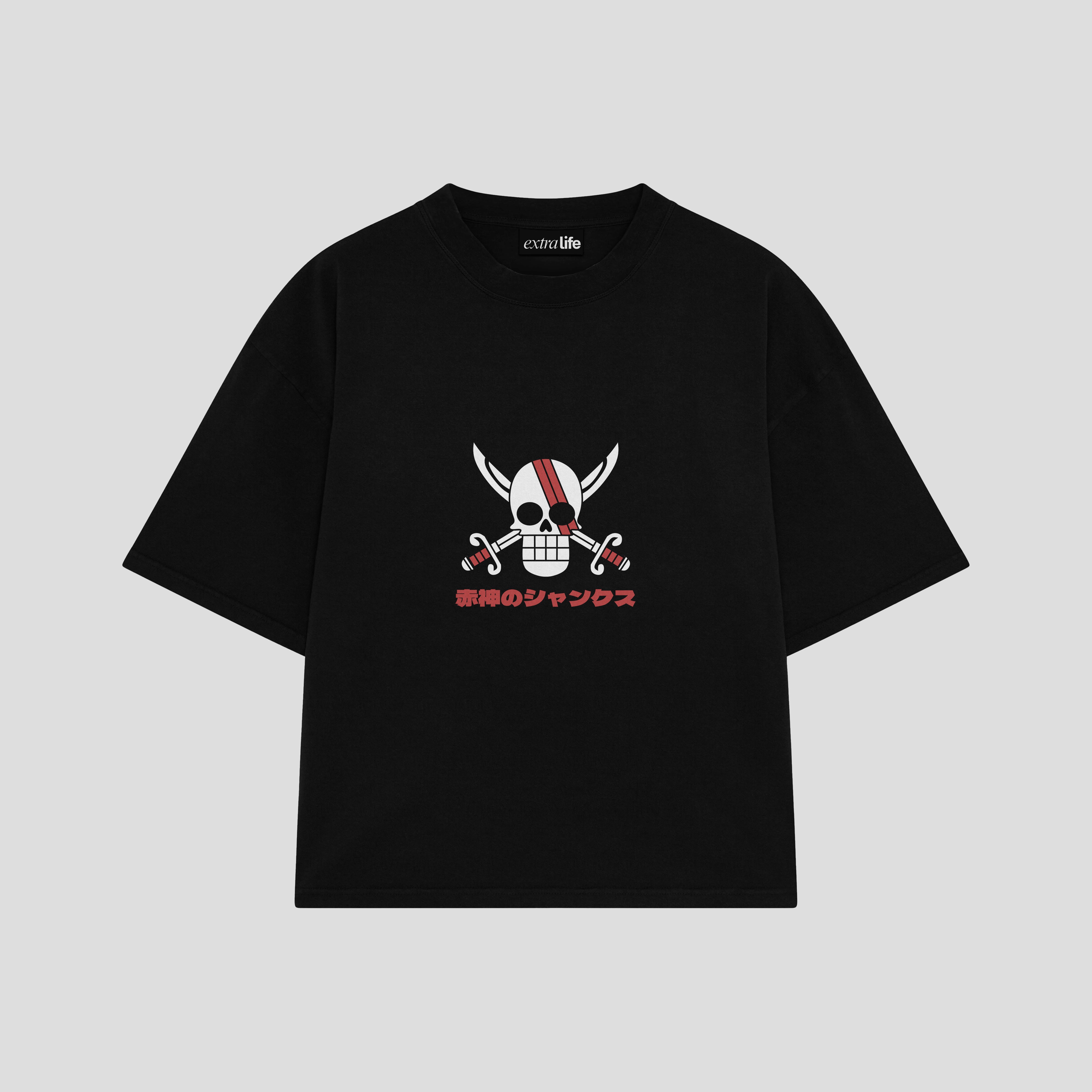 Playera streetwear premium de anime y gaming ExtraLife MX, corte boxy oversized drop shoulder heavyweight en color Deep Black y Off-White, moda urbana mexicana de culto.