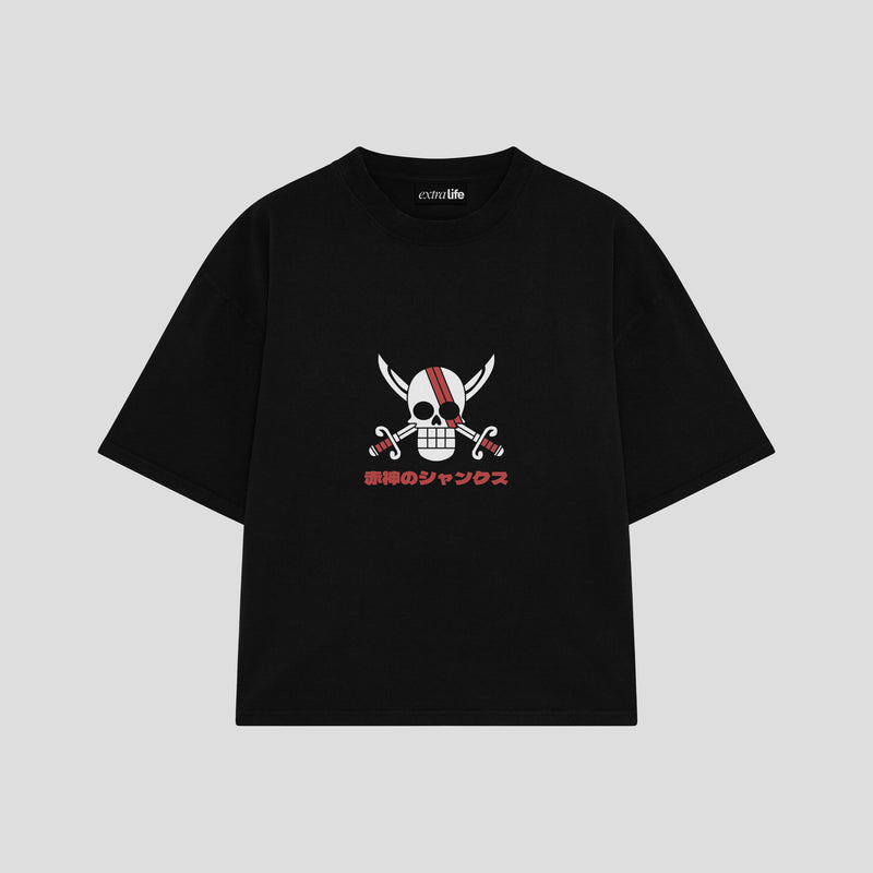 Playera streetwear premium de anime y gaming ExtraLife MX, corte boxy oversized drop shoulder heavyweight en color Deep Black y Off-White, moda urbana mexicana de culto.