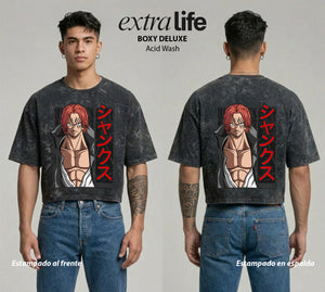 Playera streetwear premium de anime y gaming ExtraLife MX, corte boxy deluxe mineral wash heavyweight en color Acid Wash, moda urbana mexicana de culto.
