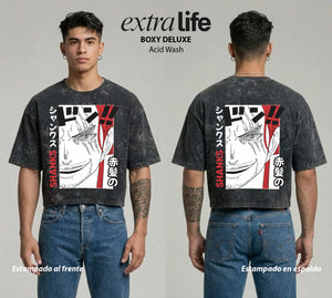 Playera streetwear premium de anime y gaming ExtraLife MX, corte boxy deluxe mineral wash heavyweight en color Acid Wash, moda urbana mexicana de culto.