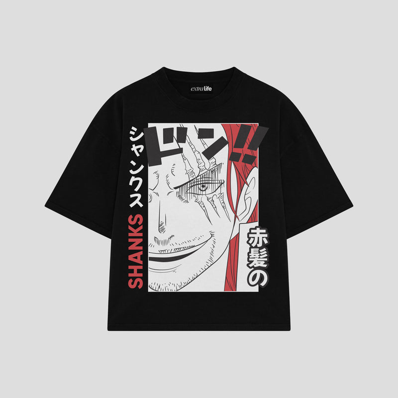 Playera streetwear premium de anime y gaming ExtraLife MX, corte boxy oversized drop shoulder heavyweight en color Deep Black y Off-White, moda urbana mexicana de culto.