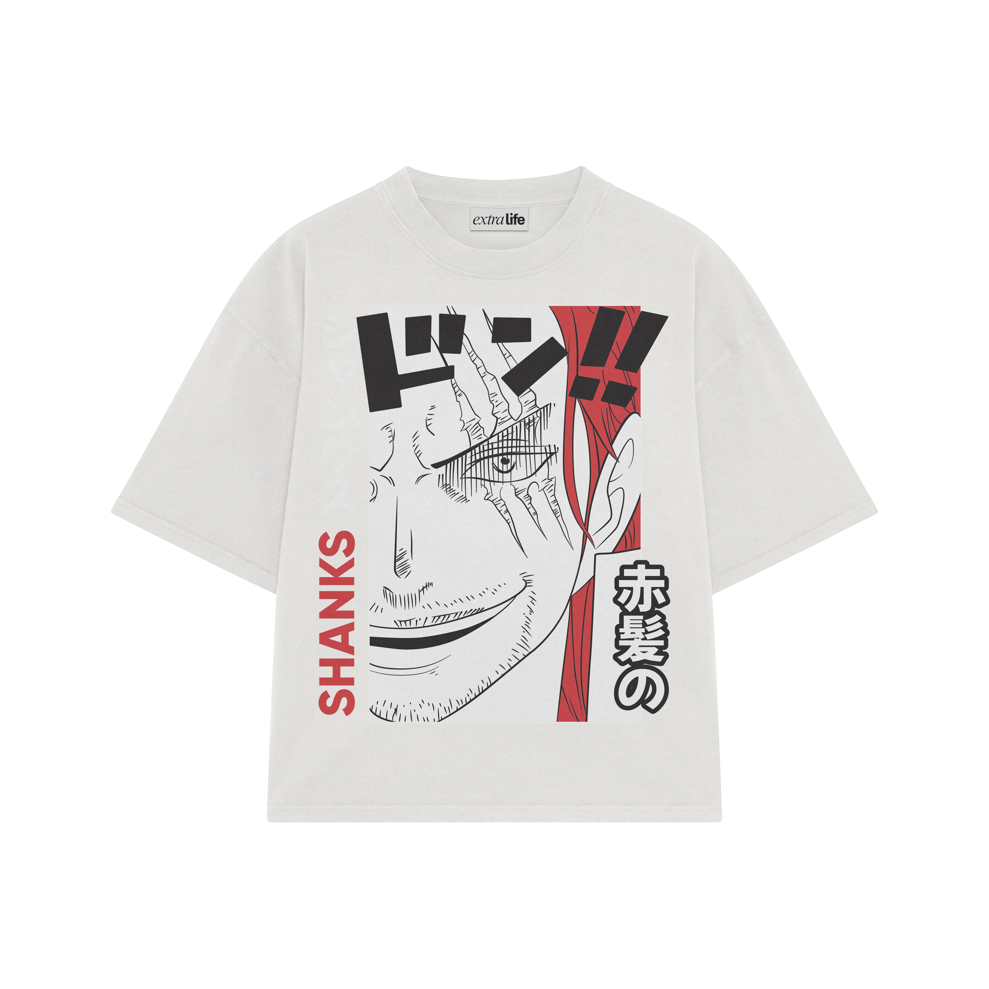 Playera streetwear premium de anime y gaming ExtraLife MX, corte boxy oversized drop shoulder heavyweight en color Deep Black y Off-White, moda urbana mexicana de culto.