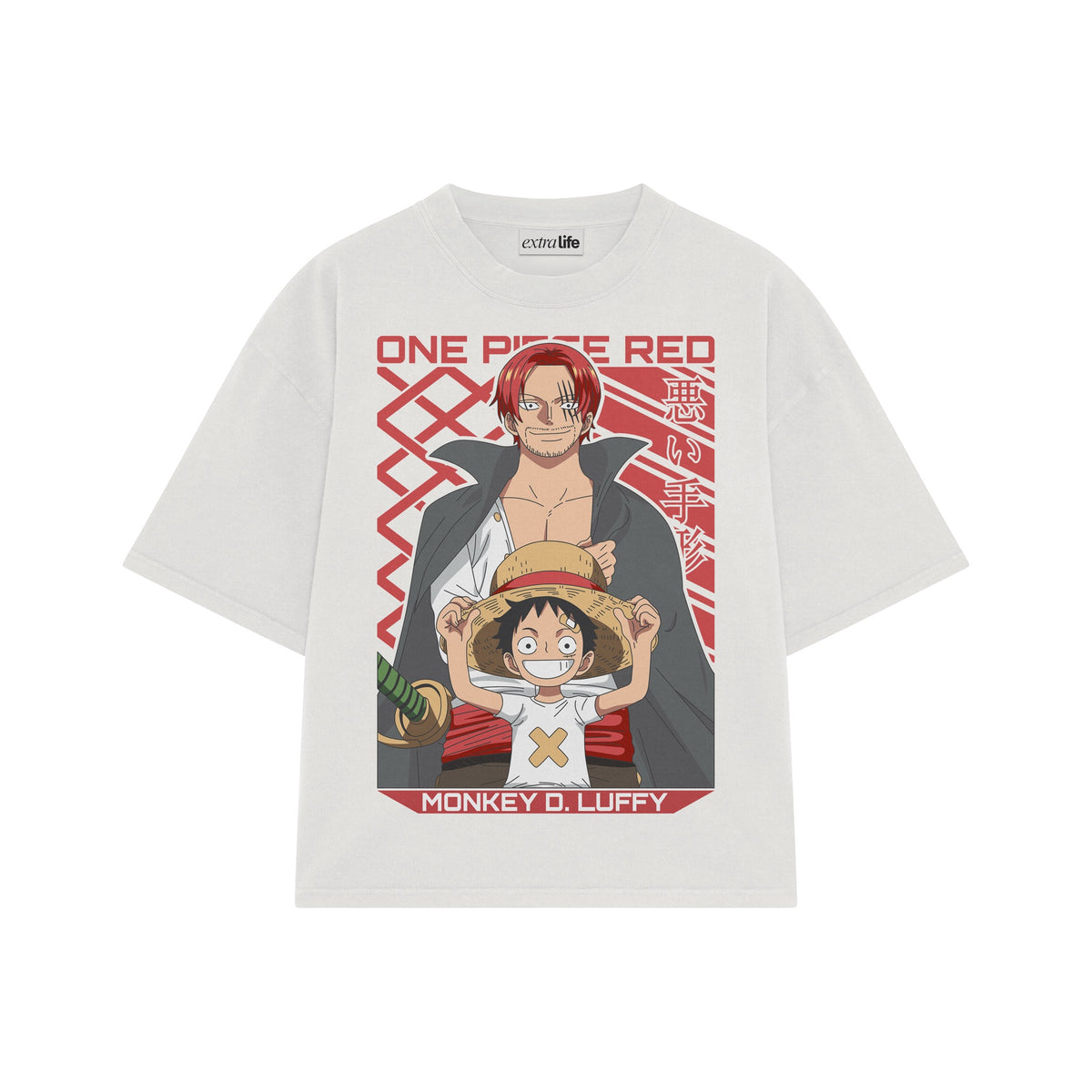 Playera streetwear premium de anime y gaming ExtraLife MX, corte oversized drop shoulder ligero y fresco en color Deep Black y Off-White, moda urbana mexicana de culto.